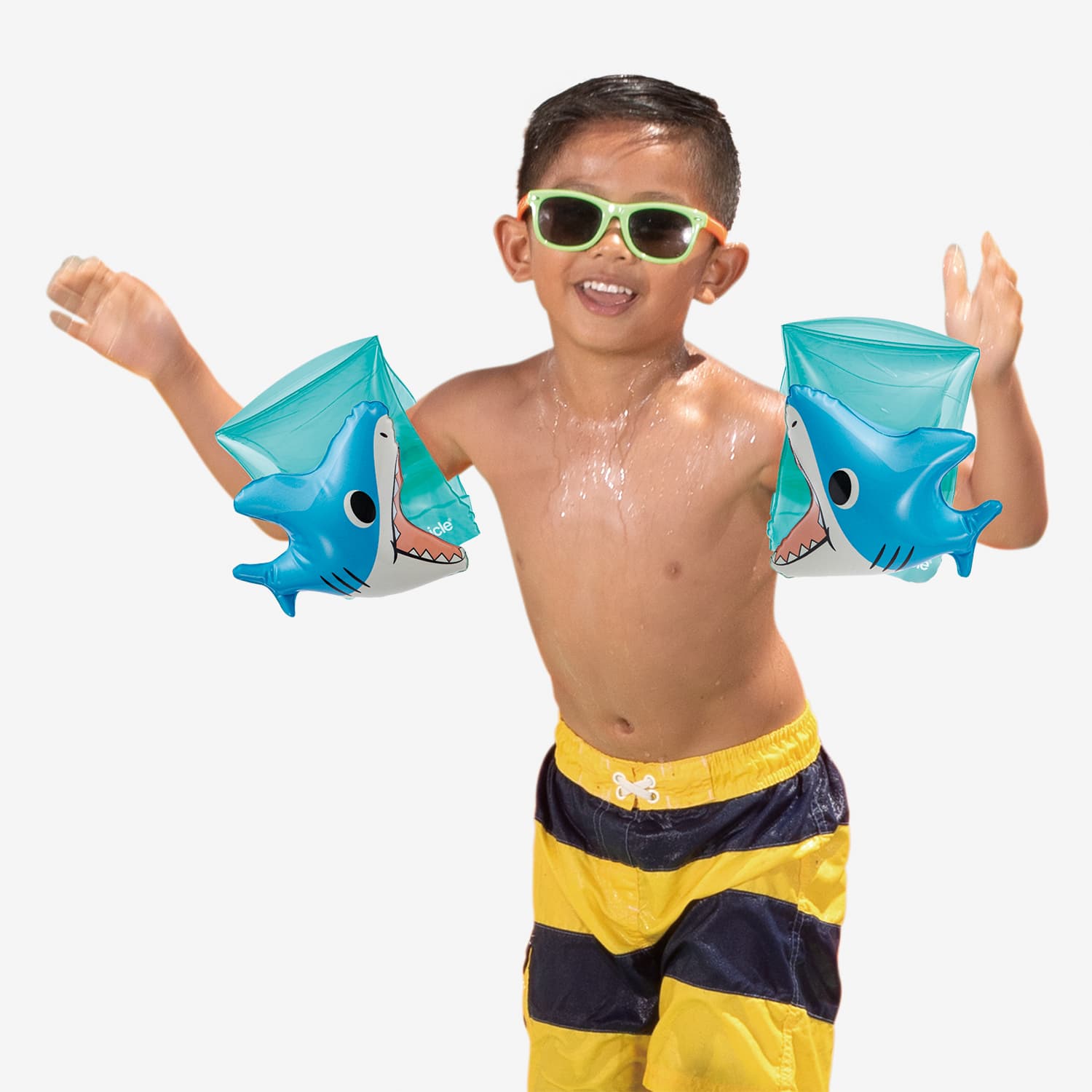 Funsicle Shark PopUp Armbands on model's arms