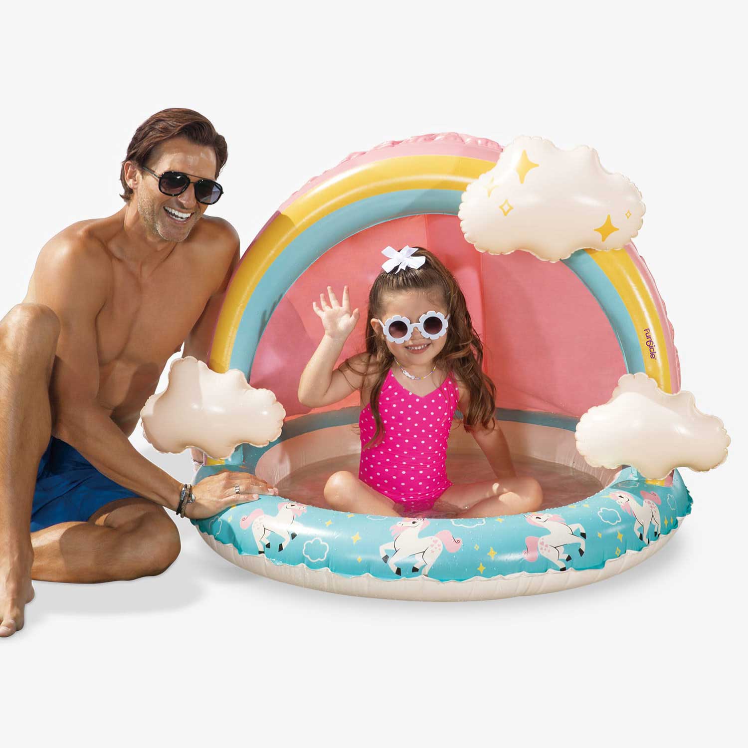 Father beside a kid underneath Funsicle Rainbow Magic Shaded Pool