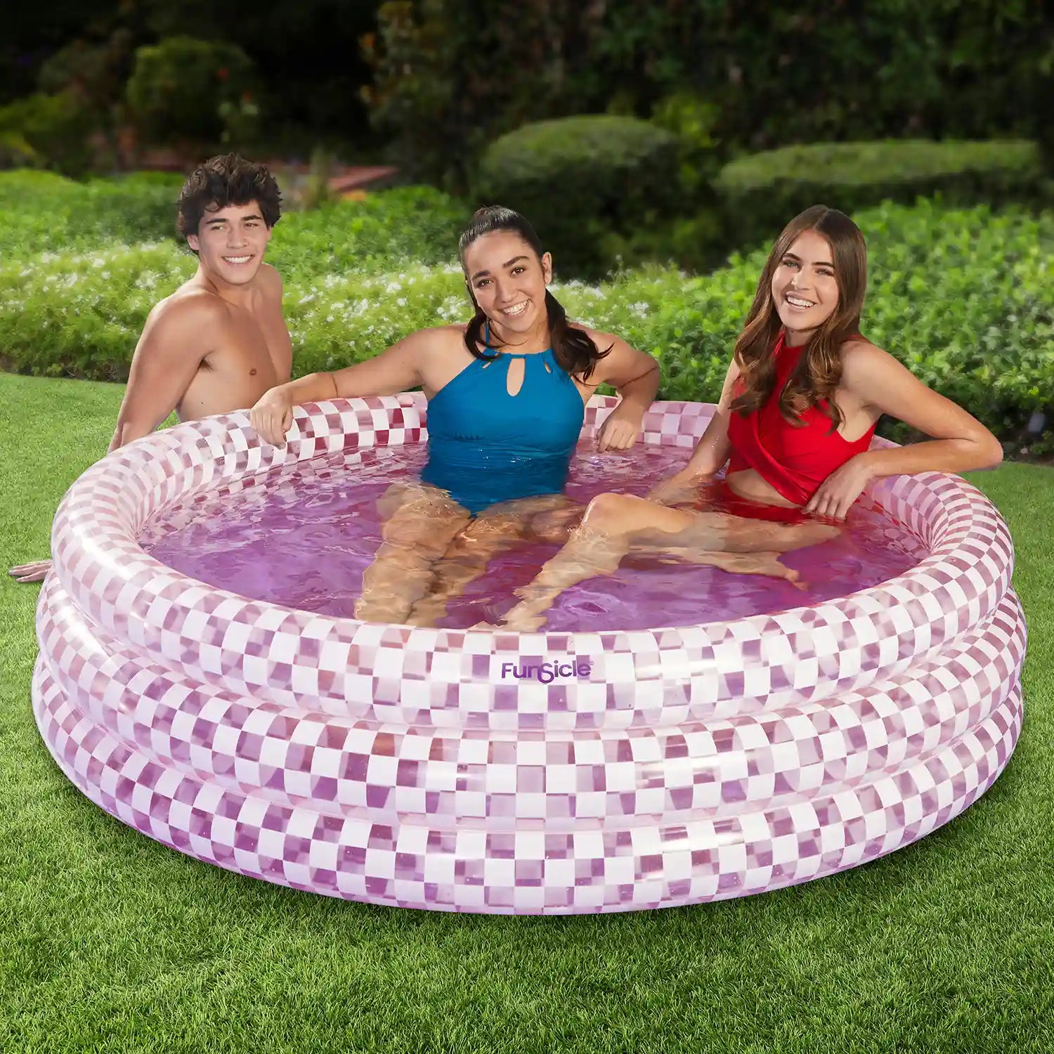 Funsicle Checkered Pool Lovely Lavender Color with 3 models on a grass background