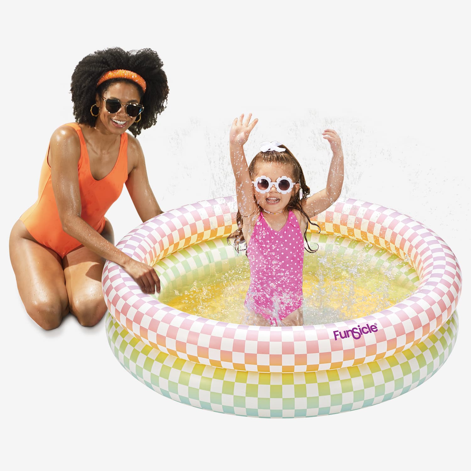 Funsicle Rainbow Checkered Pool with people on light background