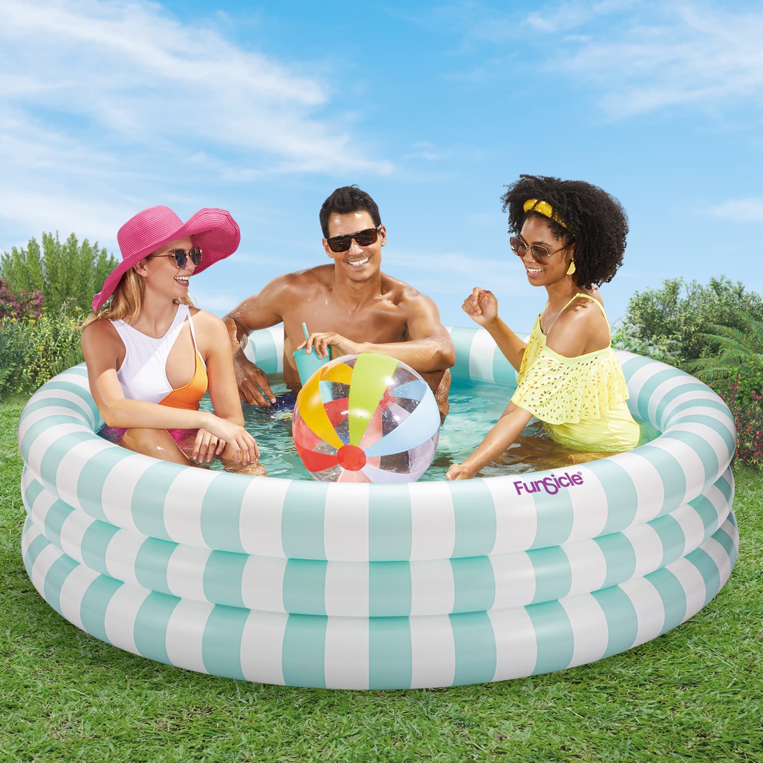 Funsicle Pastel Stripes Pool with models on grass background
