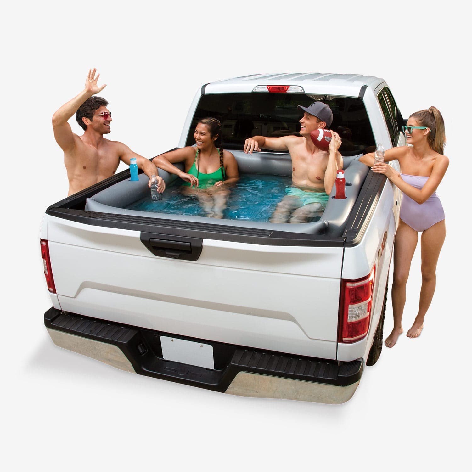 Funsicle Truck Bed Pool inside a truck with people on a white background