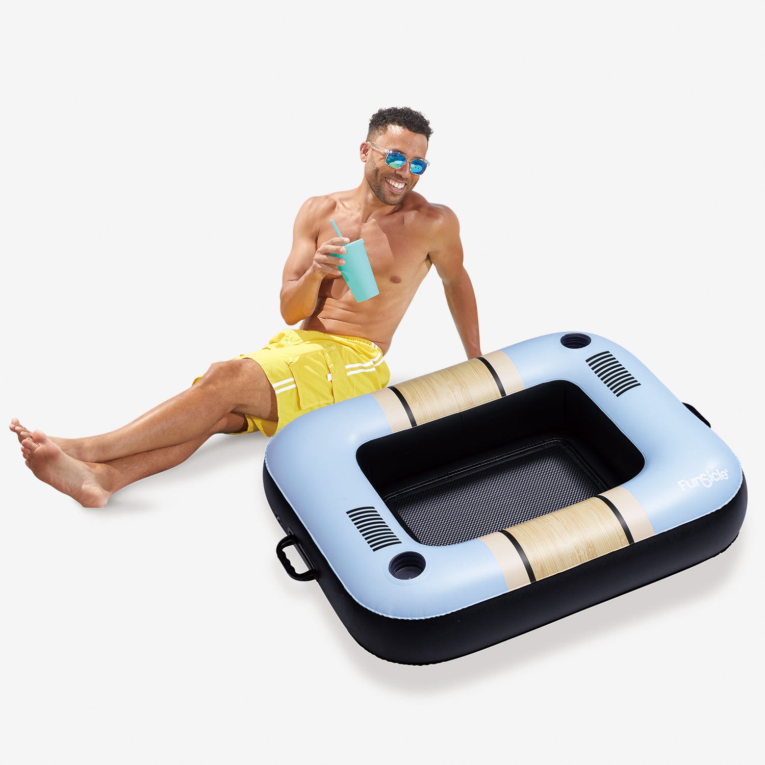Funsicle Tahoe Cooler Float  with a model next to it