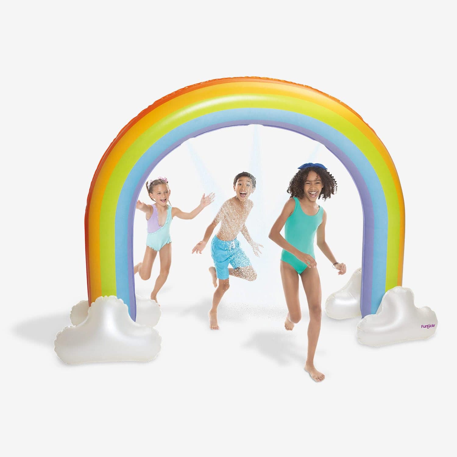 kid models running under Funsicle Over the Rainbow Sprinkler