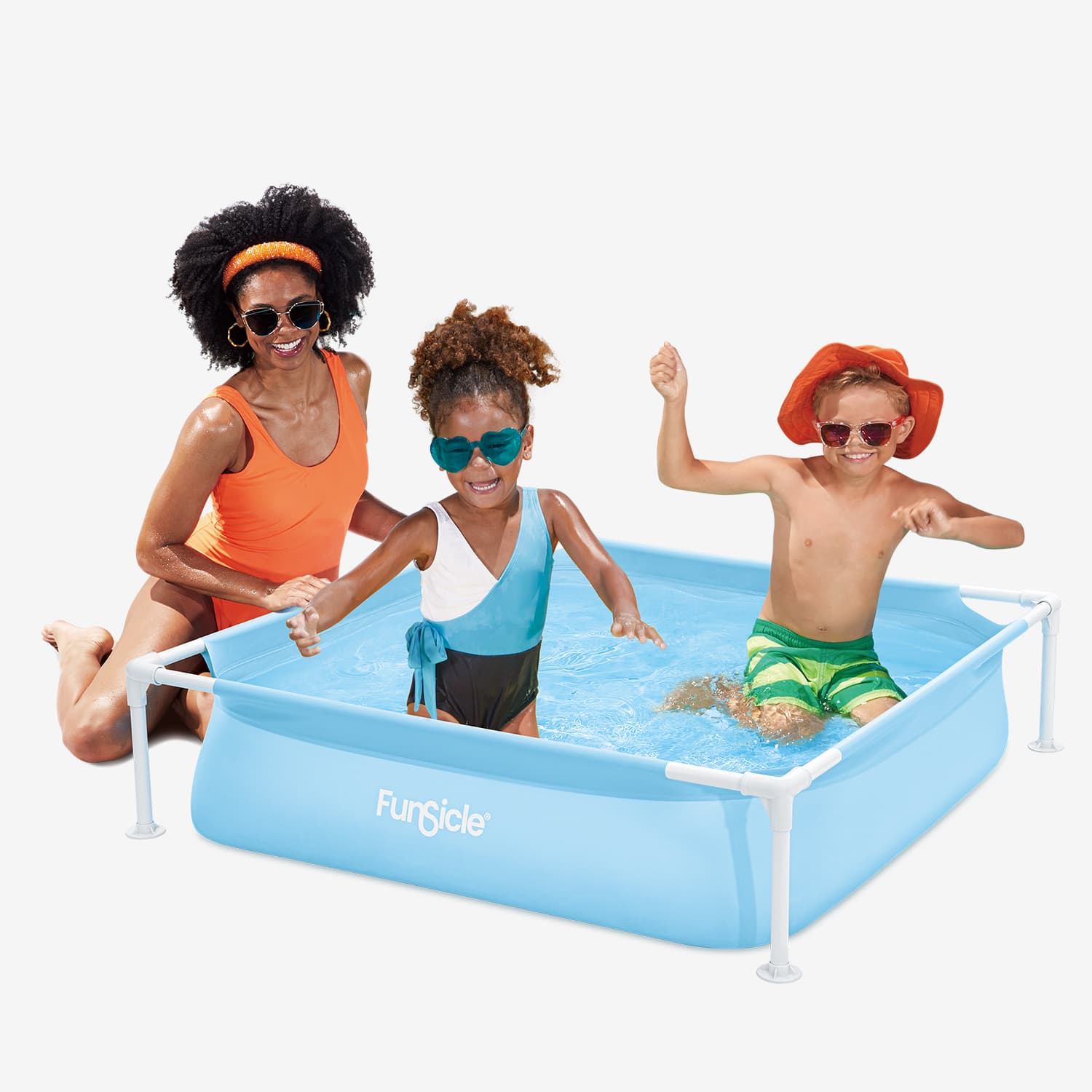 Funsicle 4ft Kids Fun Pool with kids swimming in it with an adult next to it on a white background