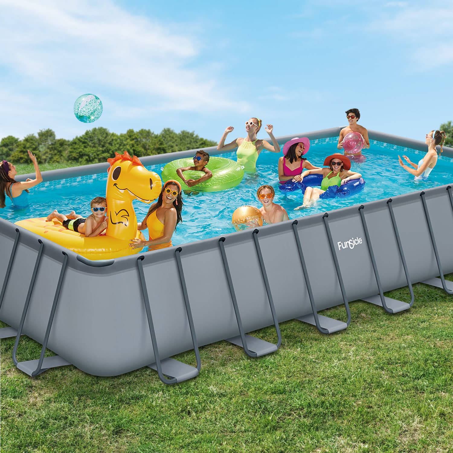 Funsicle 24ft Oasis Lap Pool with models on grass background