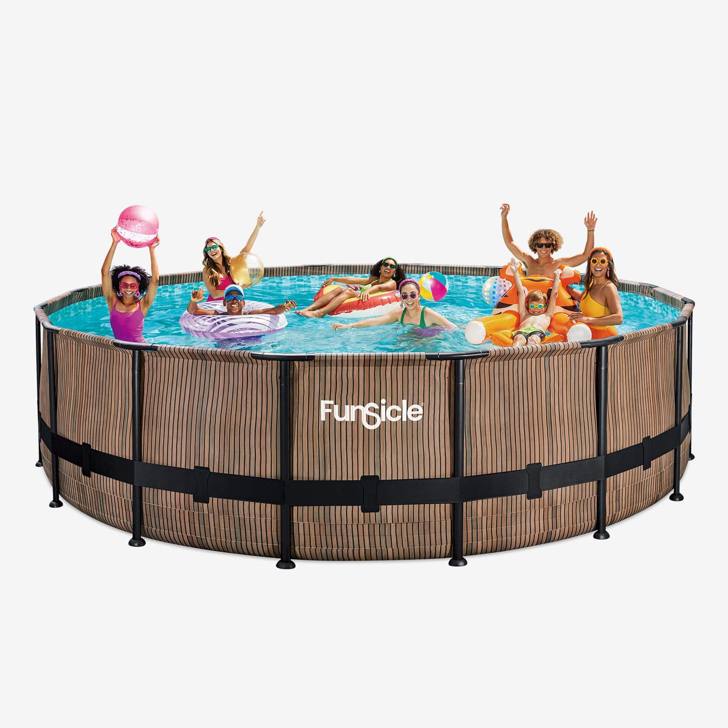 Funsicle 16 ft Oasis Designer Pool - Natural Teak with people