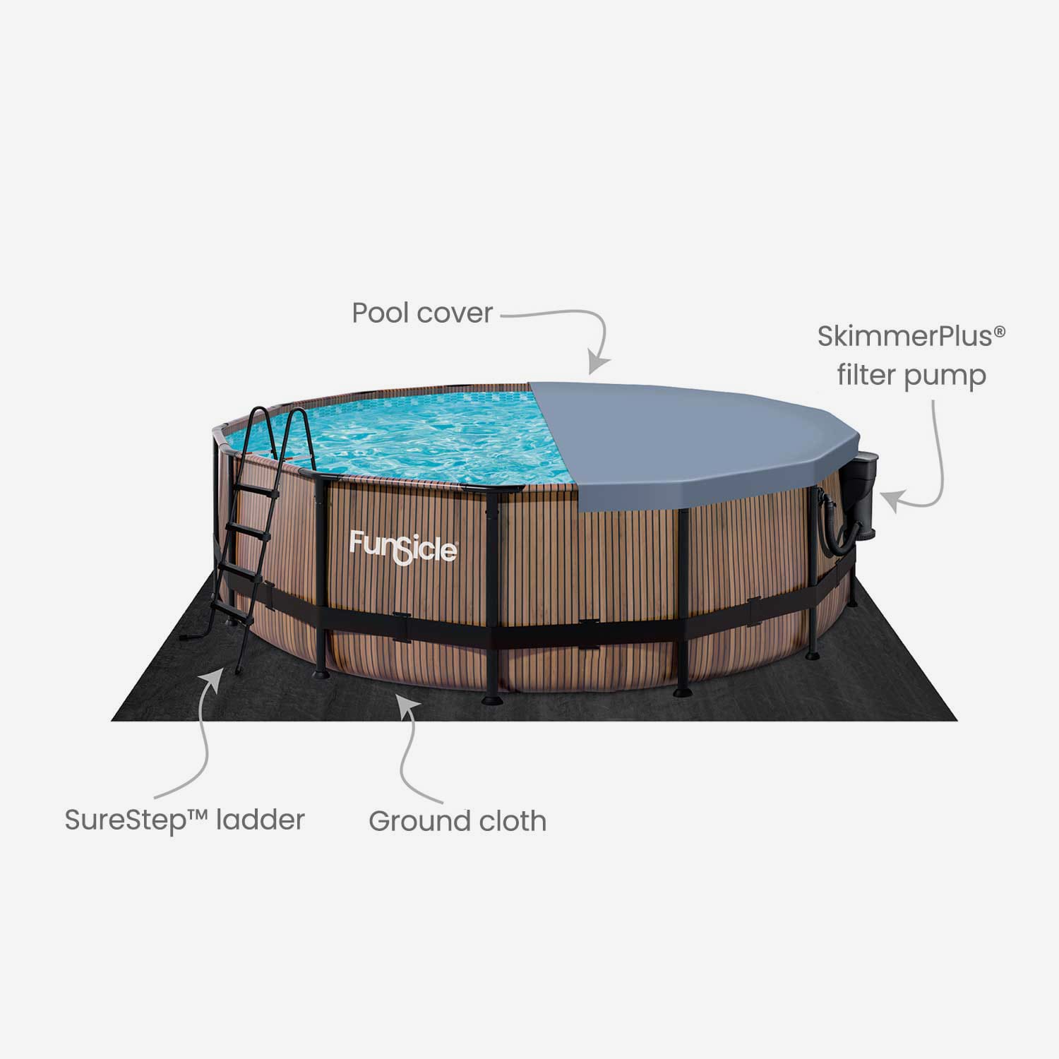 Funsicle 16 ft Oasis Designer Pool - Natural Teak with callout features