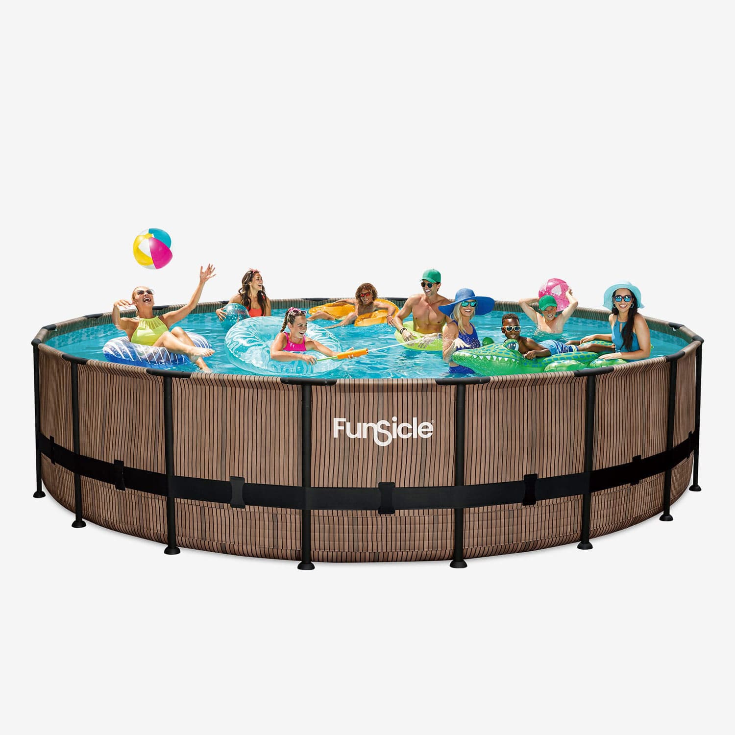 Funsicle 18 ft Oasis Designer Pool - Natural Teak with people
