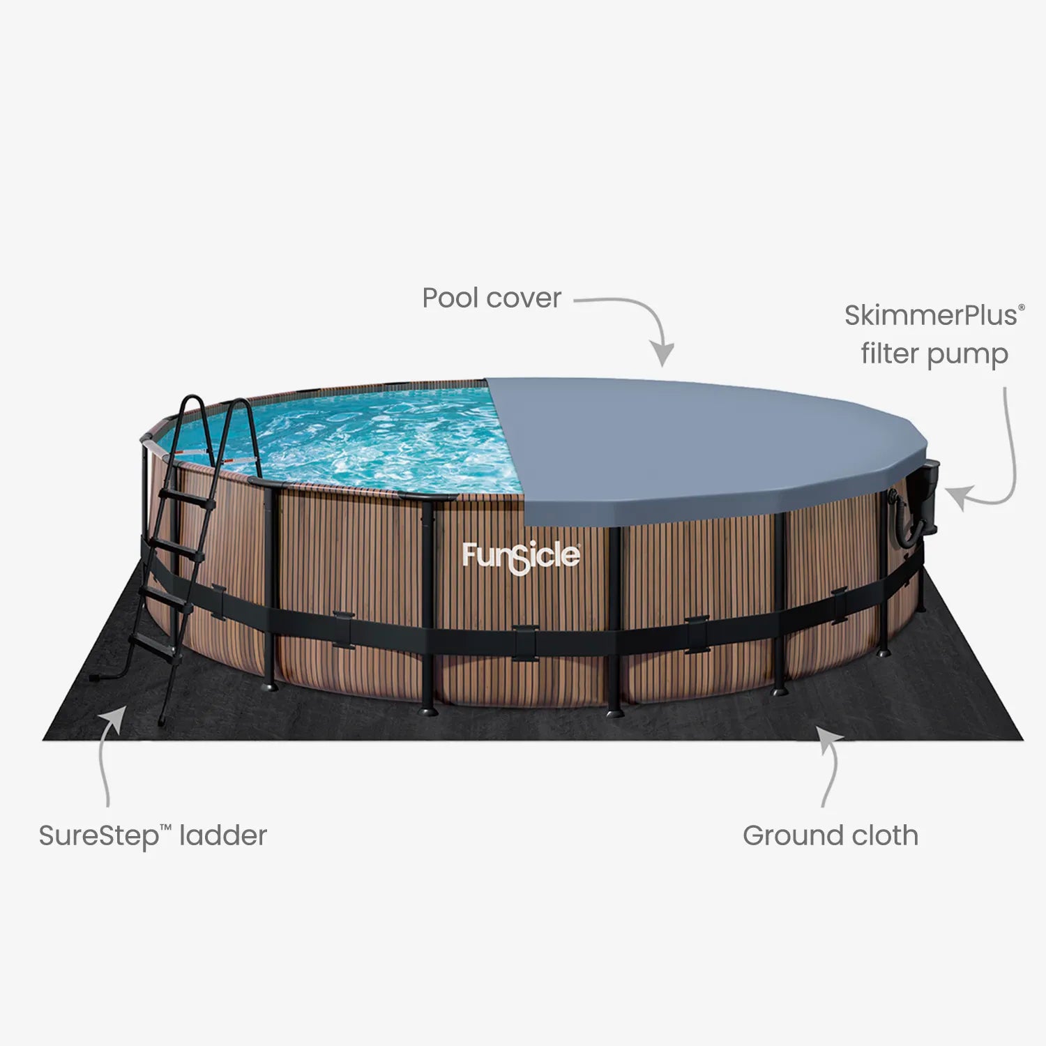 Funsicle 18 ft Oasis Designer Pool - Natural Teak with callout features