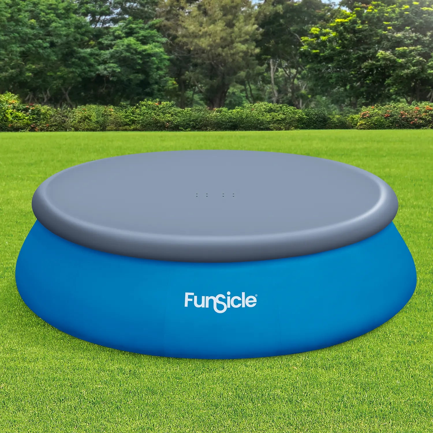 Funsicle 16ft QuickSet Pool Cover with Funsicle QuickSet Pool on a grass background