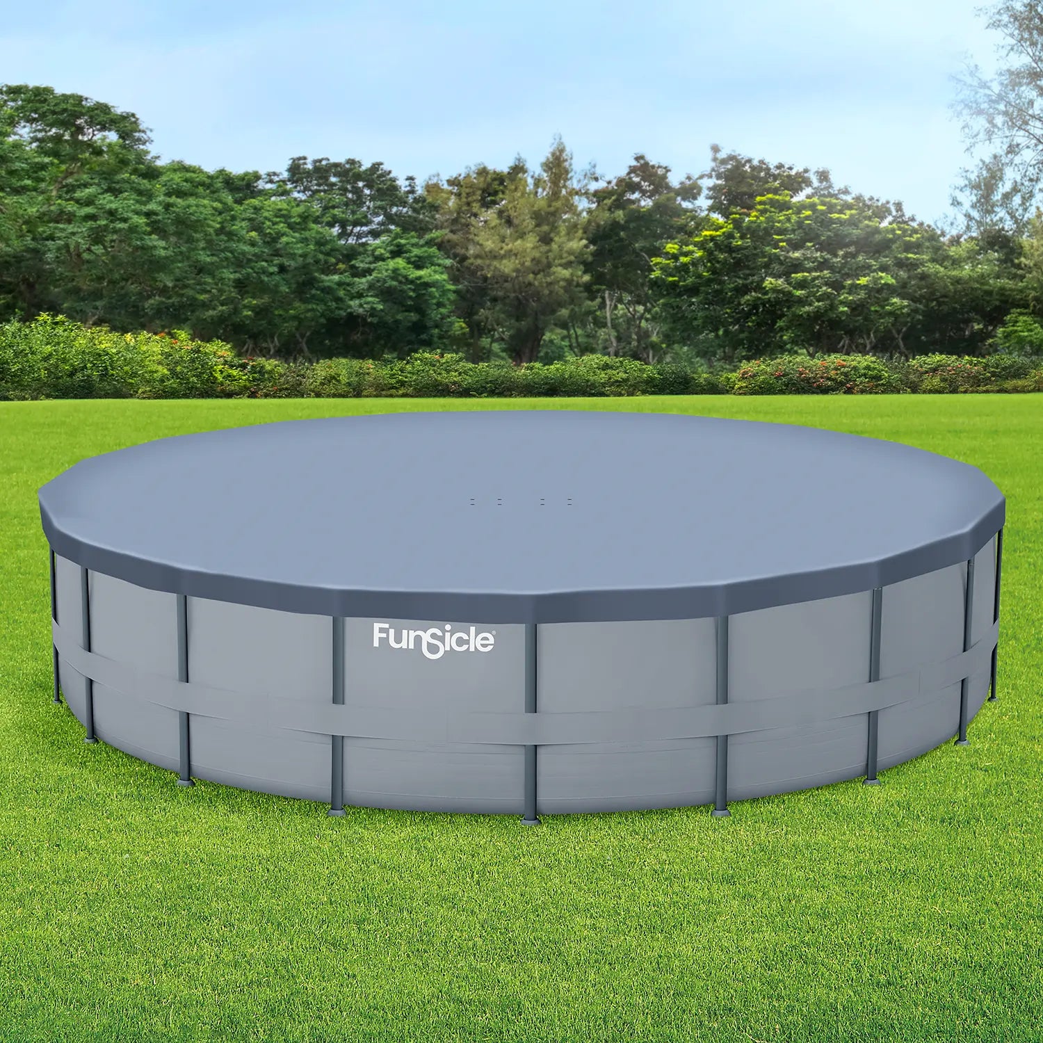 Funsicle 26ft Frame Pool Cover with Funsicle Oasis Pool on a grass background