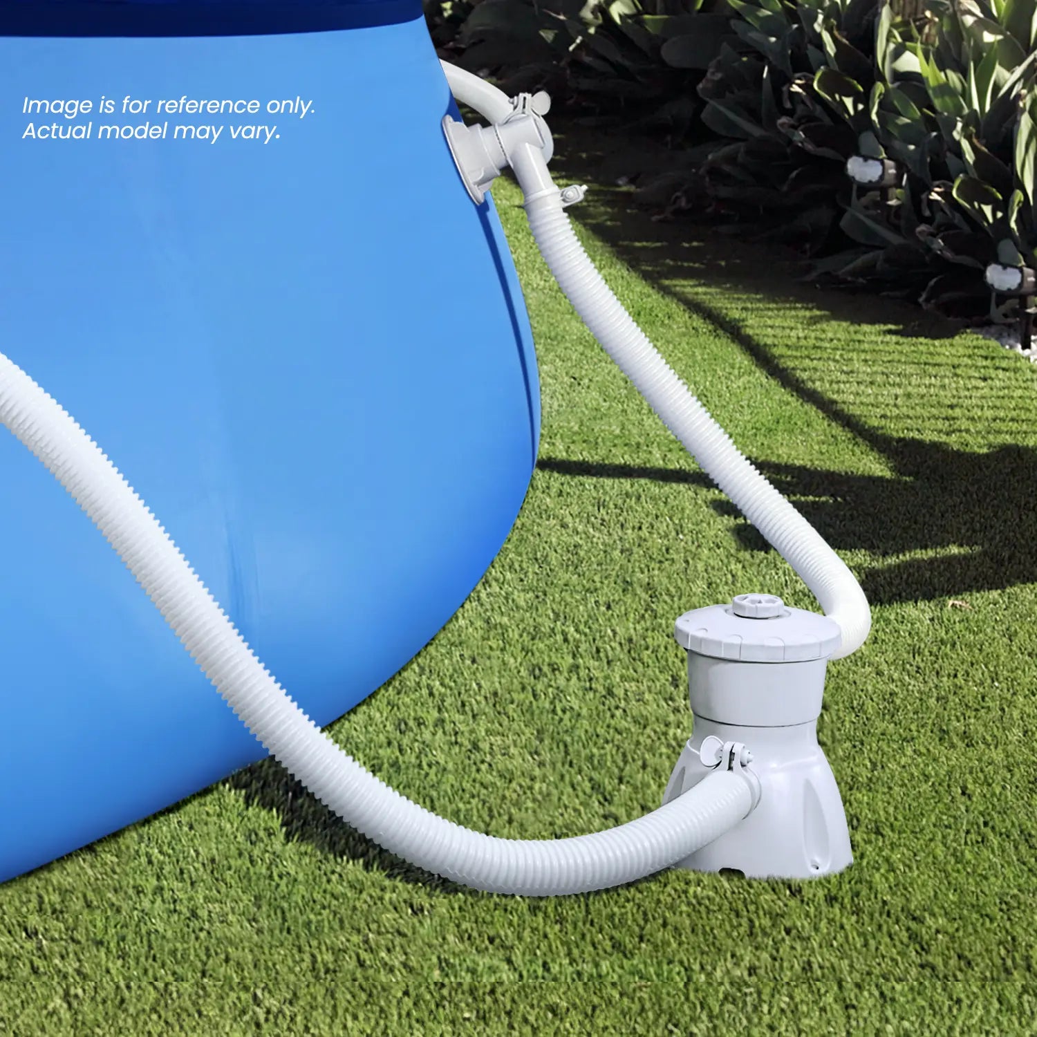 Funsicle RX330 Cartridge Filter Pump attached to a blue pool on a grass background
