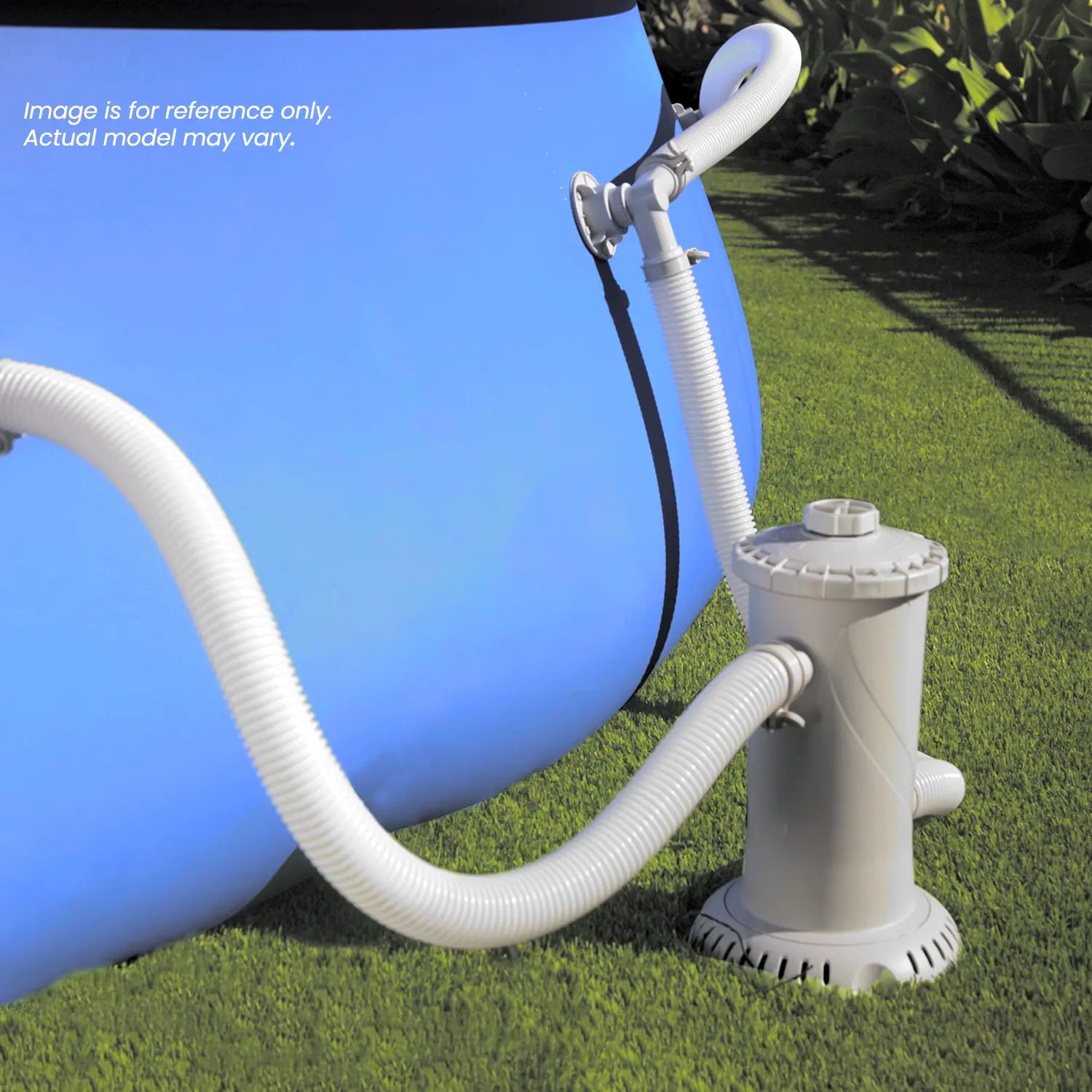 Funsicle RX1500 Cartridge Filter Pump attached to a blue pool on a grass background