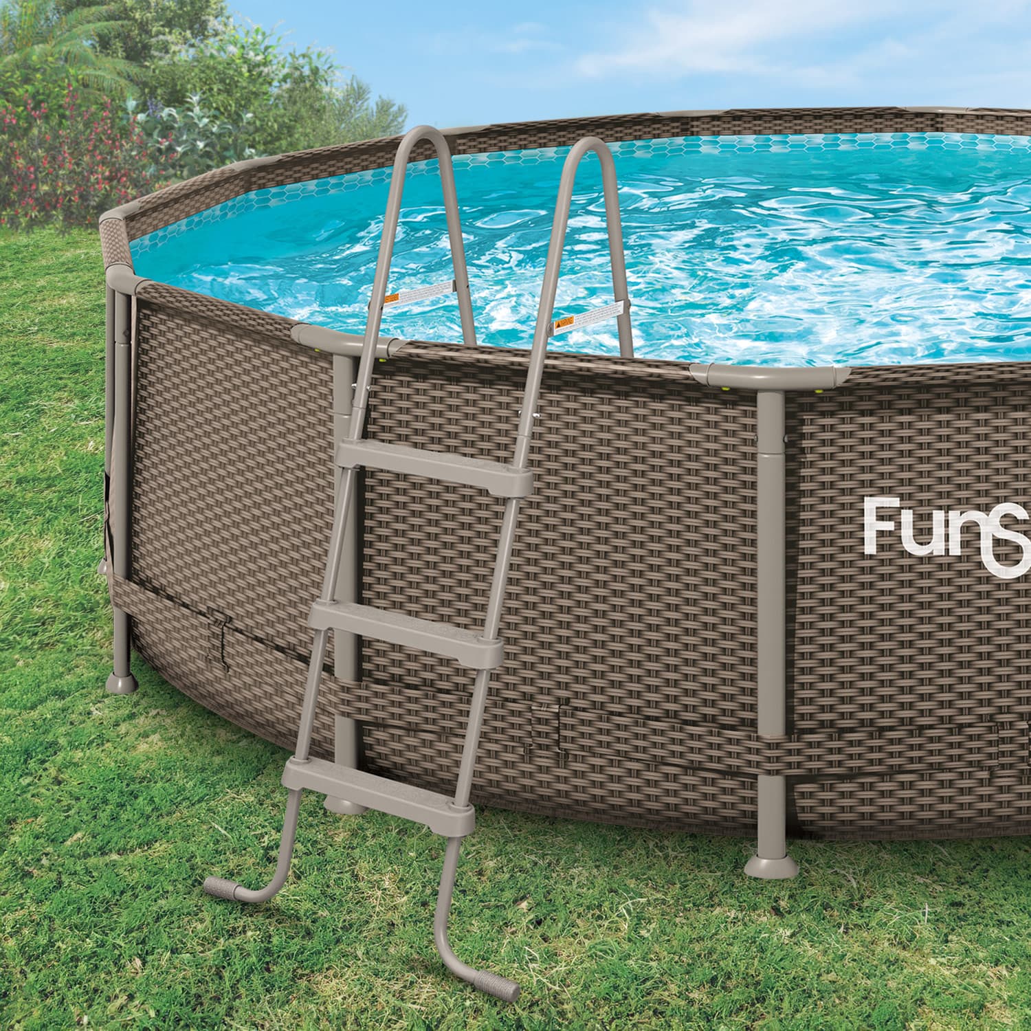 Funsicle 42" SureStep Ladder with Funsicle Oasis Designer Pool on grass background