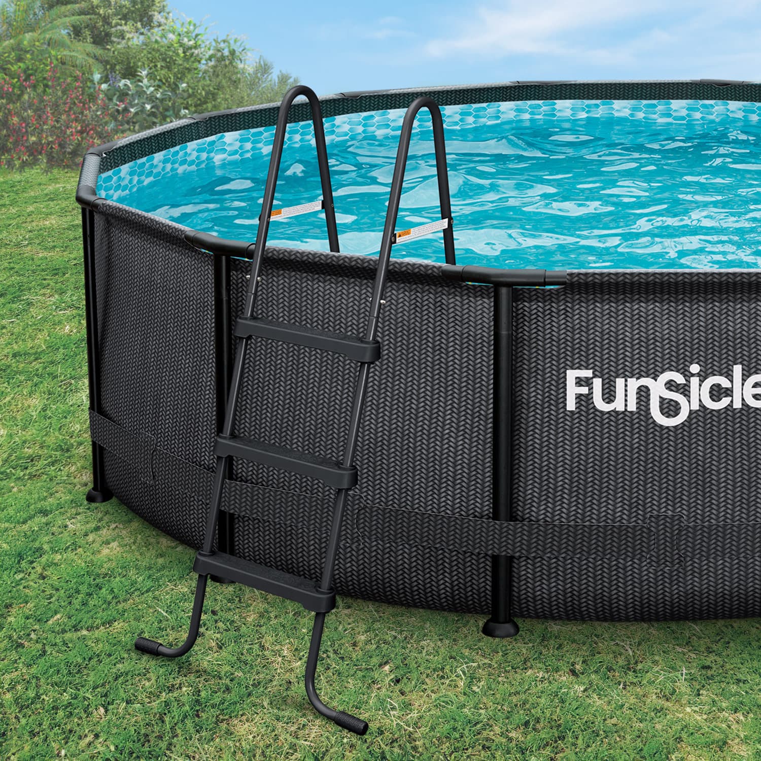 Funsicle 42" SureStep Ladder with Funsicle Oasis Designer Pool on grass background