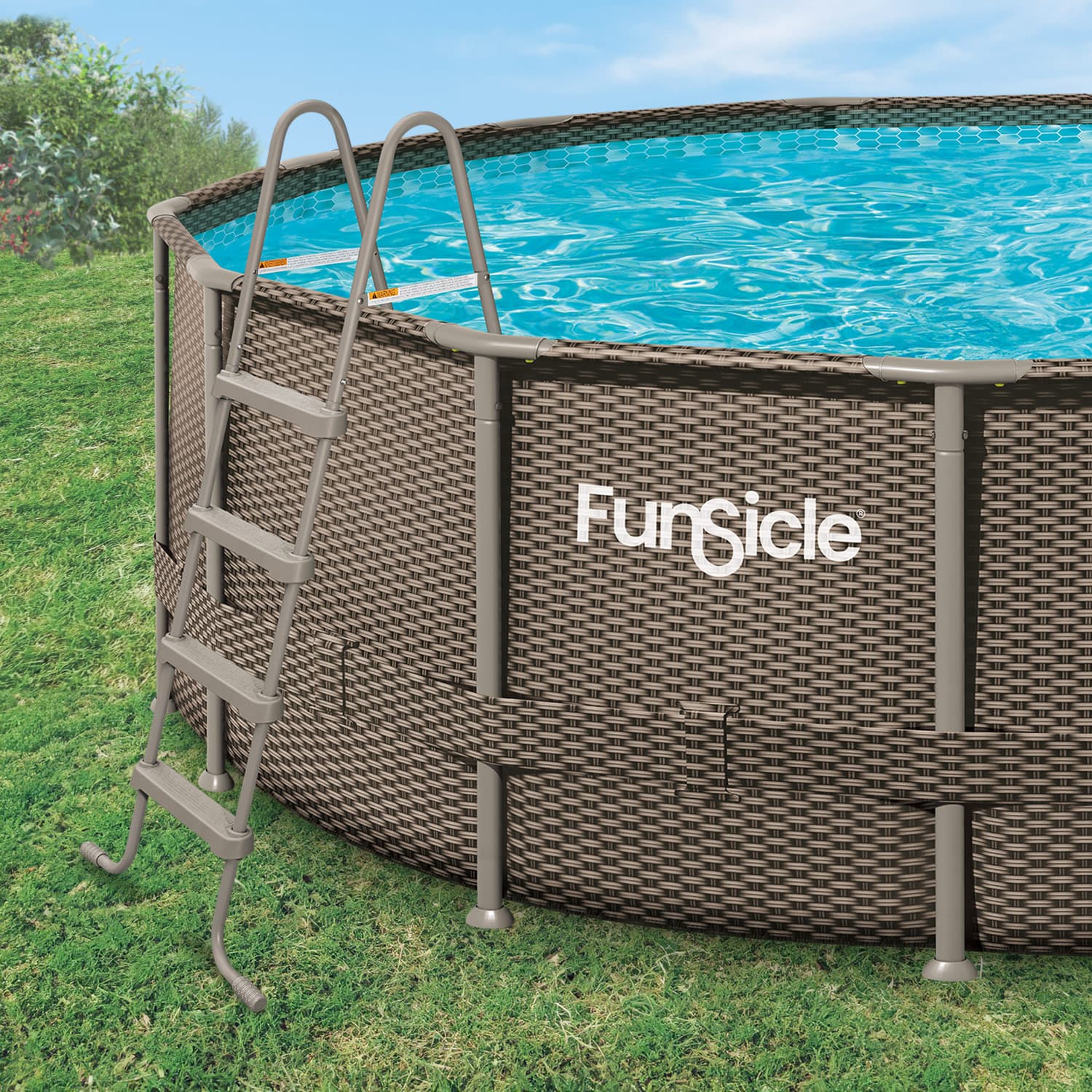 Funsicle 48" SureStep Ladder with Funsicle Oasis Designer Pool on grass background
