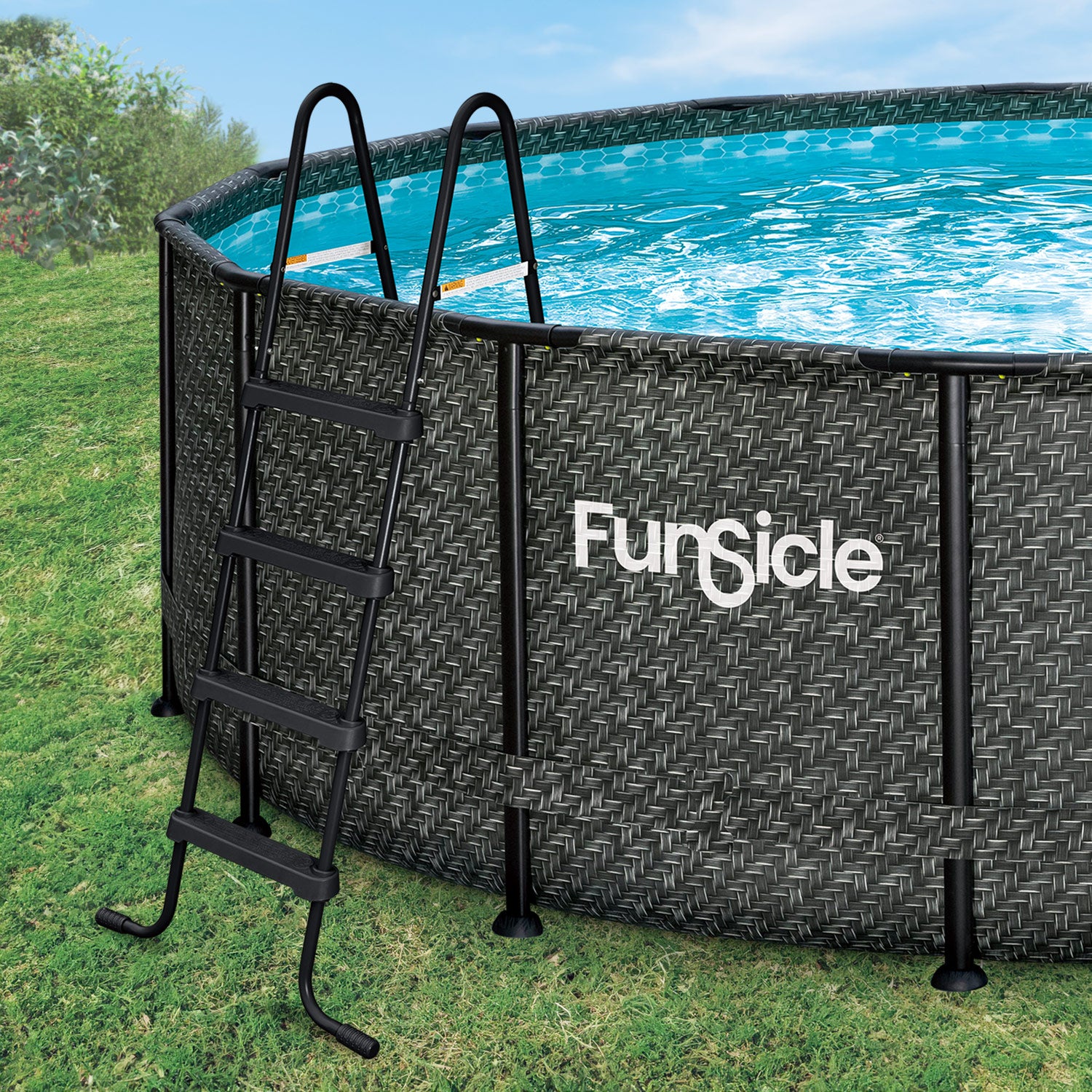 Funsicle 48" SureStep Ladder with Funsicle Oasis Designer Pool on grass background
