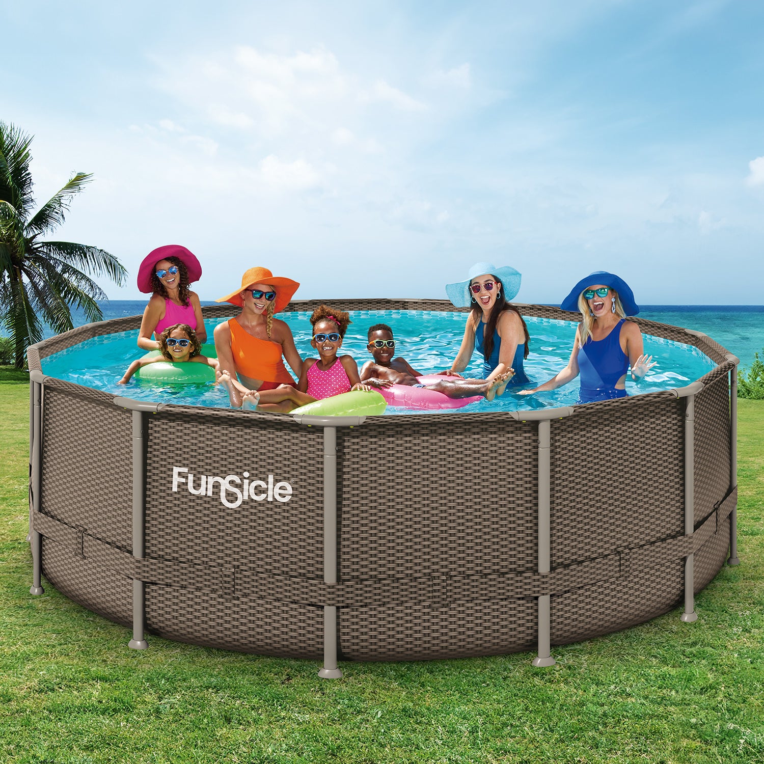 Funsicle 14 ft Oasis Designer Pool - Double Rattan with models on grass background