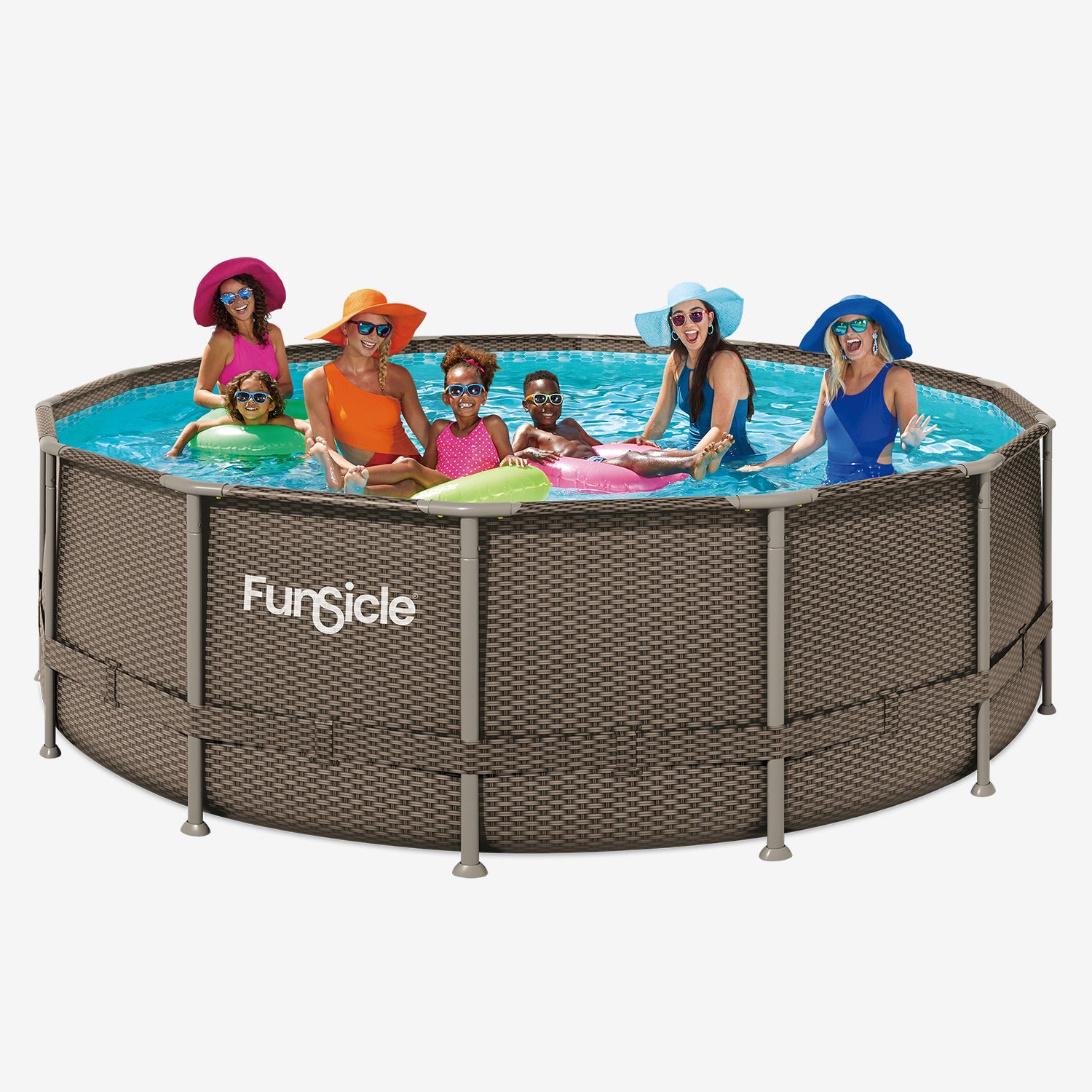 Funsicle 14 ft Oasis Designer Pool - Double Rattan with models on white background