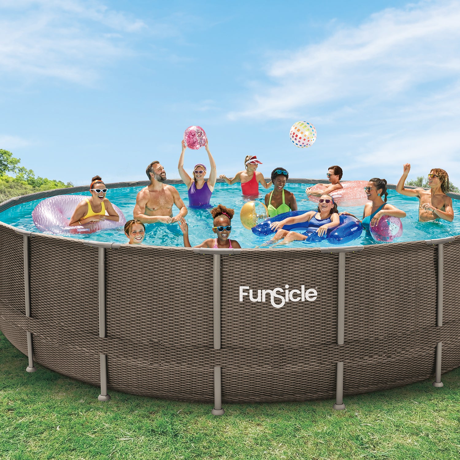 Funsicle 22 ft Oasis Designer Pool - Double Rattan with models on grass background