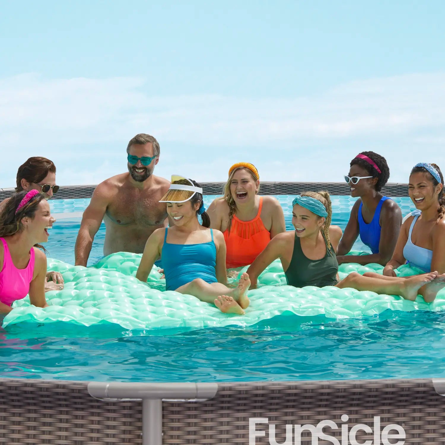 Funsicle 18 ft Oasis Designer Pool - Dark Double Rattan close up view with people