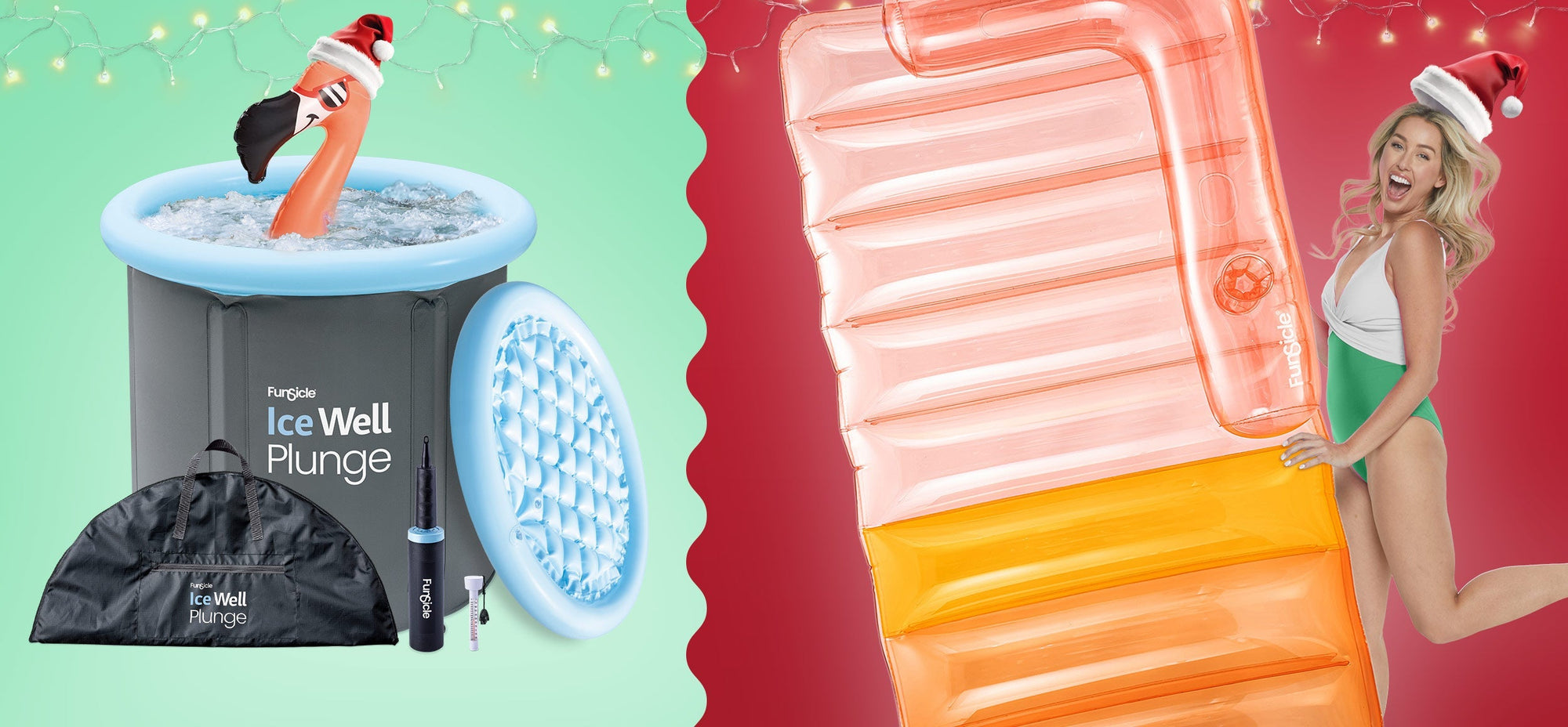 A collage image of Funsicle flamingo float with a santa hat taking an ice bath in Funsicle Ice Well Cold Plunge and a blonde lady happily carrying Funsicle Sofa Bed Lounge with a santa hat