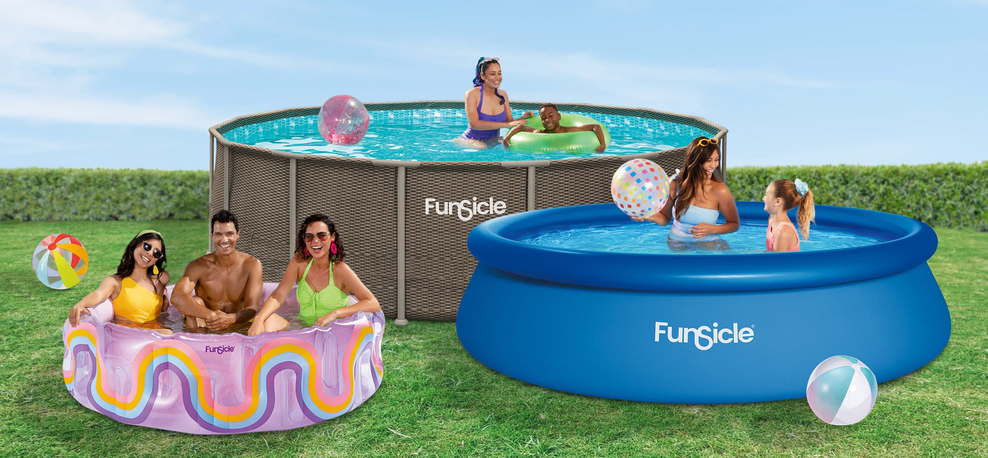 Funsicle Oasis Designer Pool, Funsicle QuickSet Pool and Funsicle Plunge Pool on a grass ground
