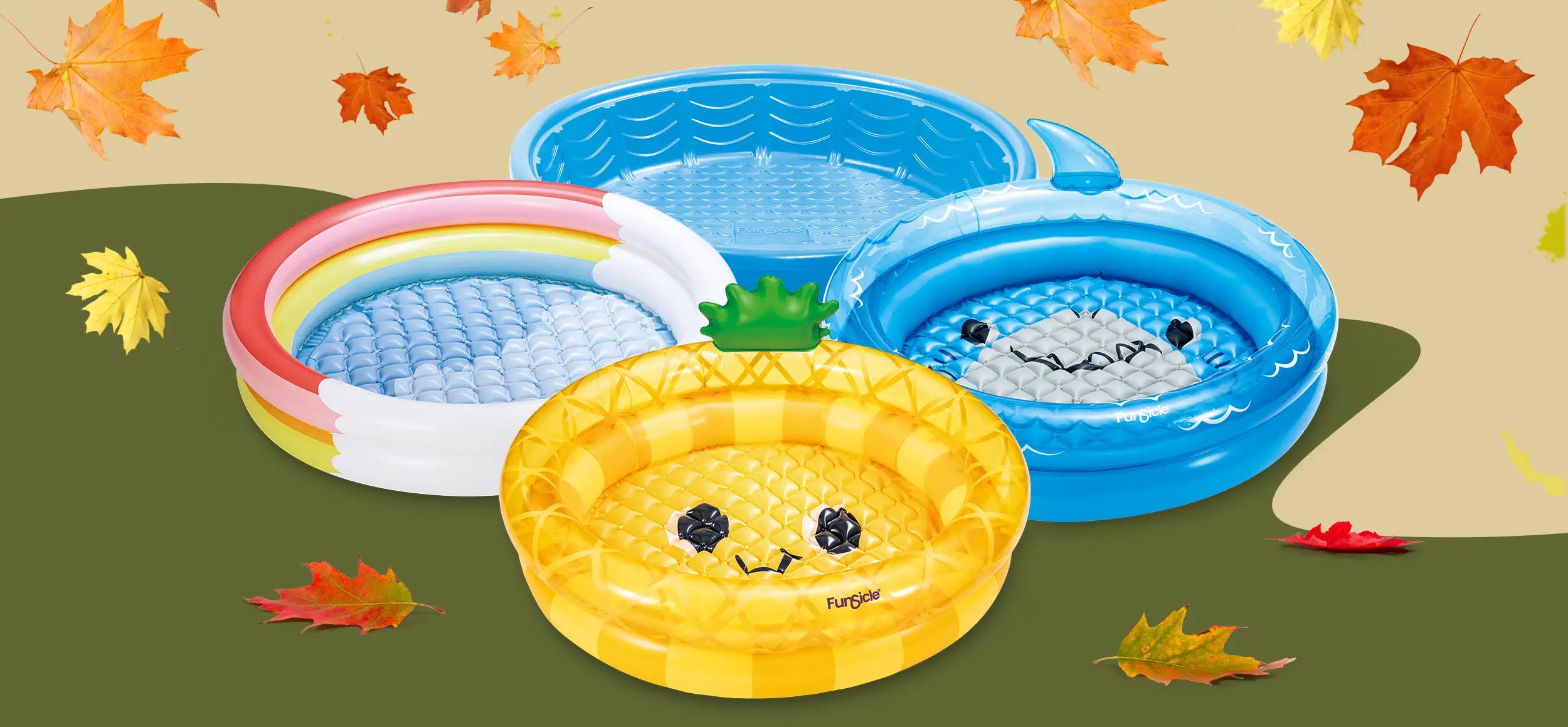 Funsicle Pineapple Ring Kids Pool, Shark FunRing Pool and Rainbow Heaven Kid Pool in fall season theme