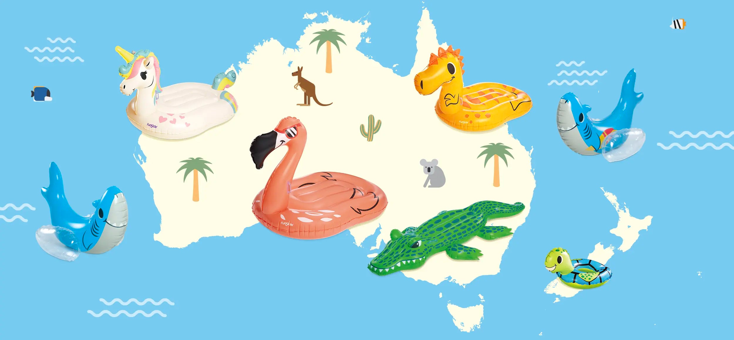 Funsicle animal inflatables over Australia and New Zealand map