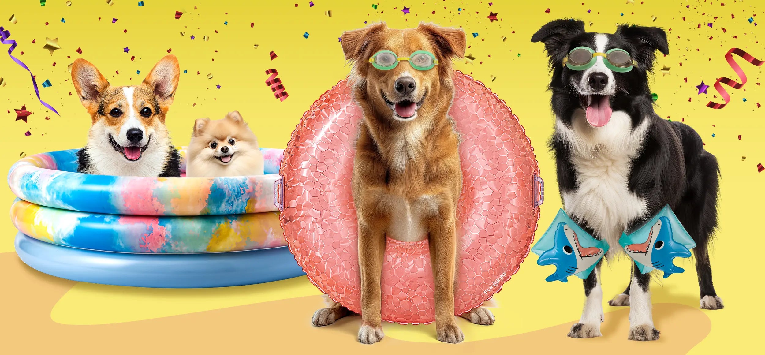 dogs with Funsicle inflatables and pool floats