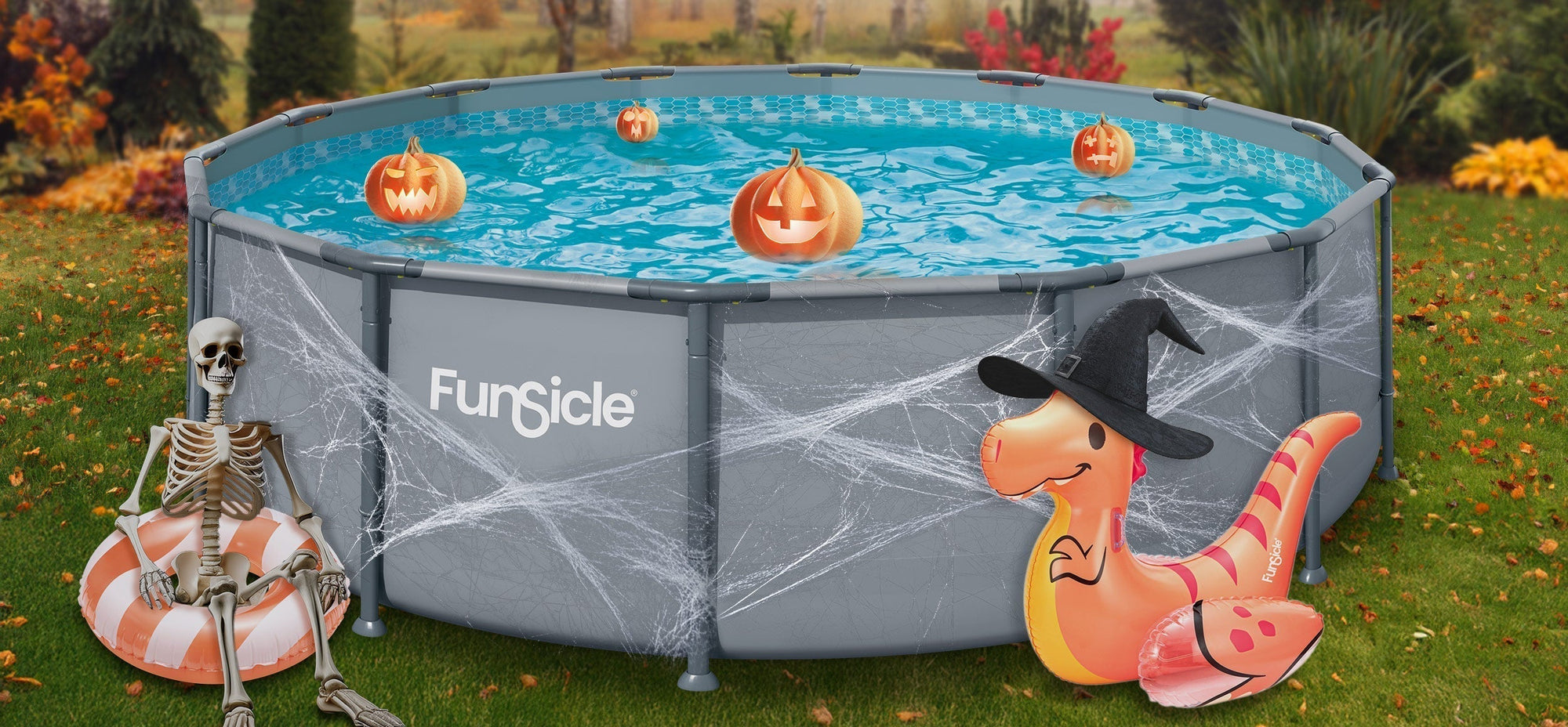 Funsicle above ground pool decorated with Halloween theme