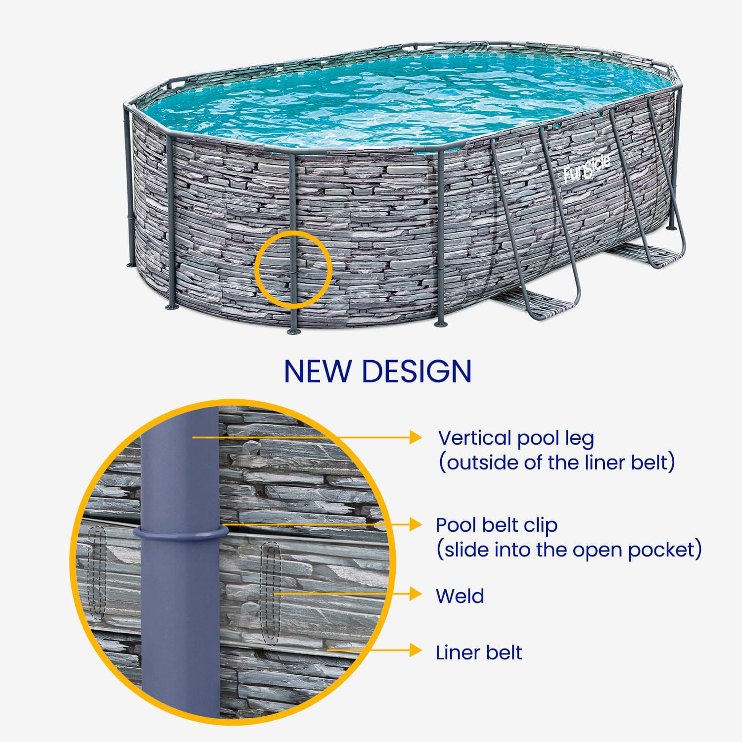 Funsicle oval pool with stone-like exterior and text highlighting features on a white background