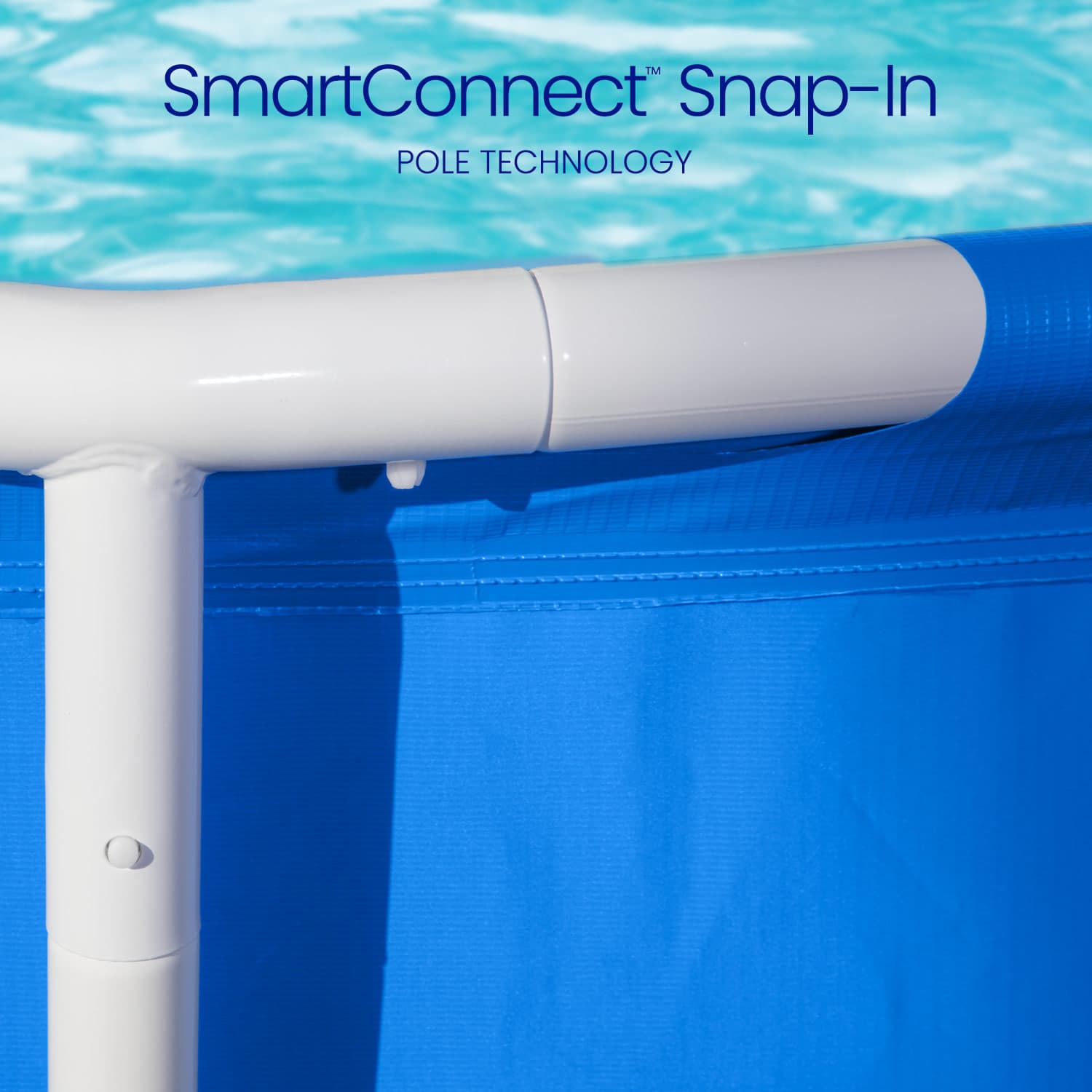 SmartConnect Snap-In pool technology with blue pool cover and white pole against a pool background