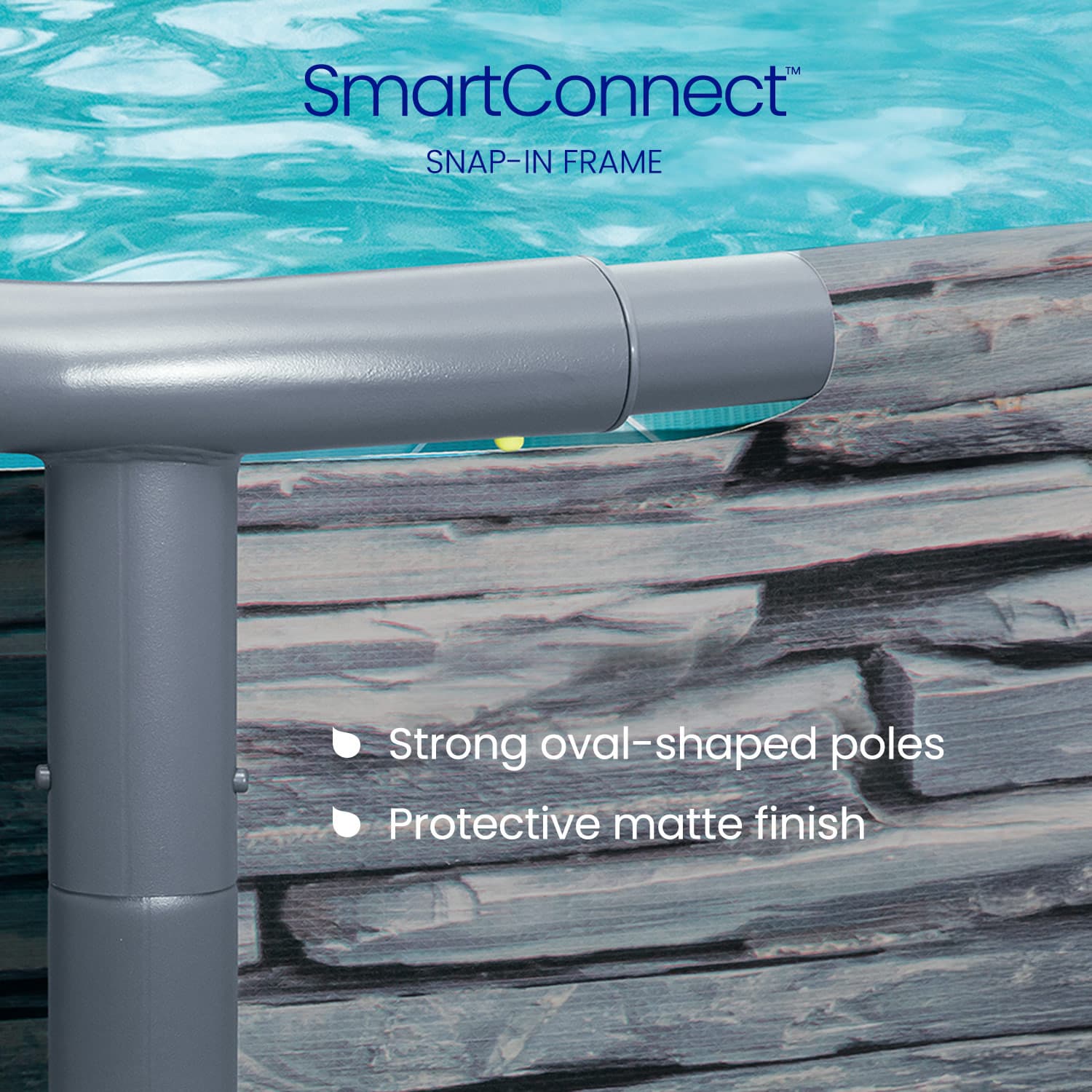 SmartConnect snap-in frame pool product with pool and wooden deck background