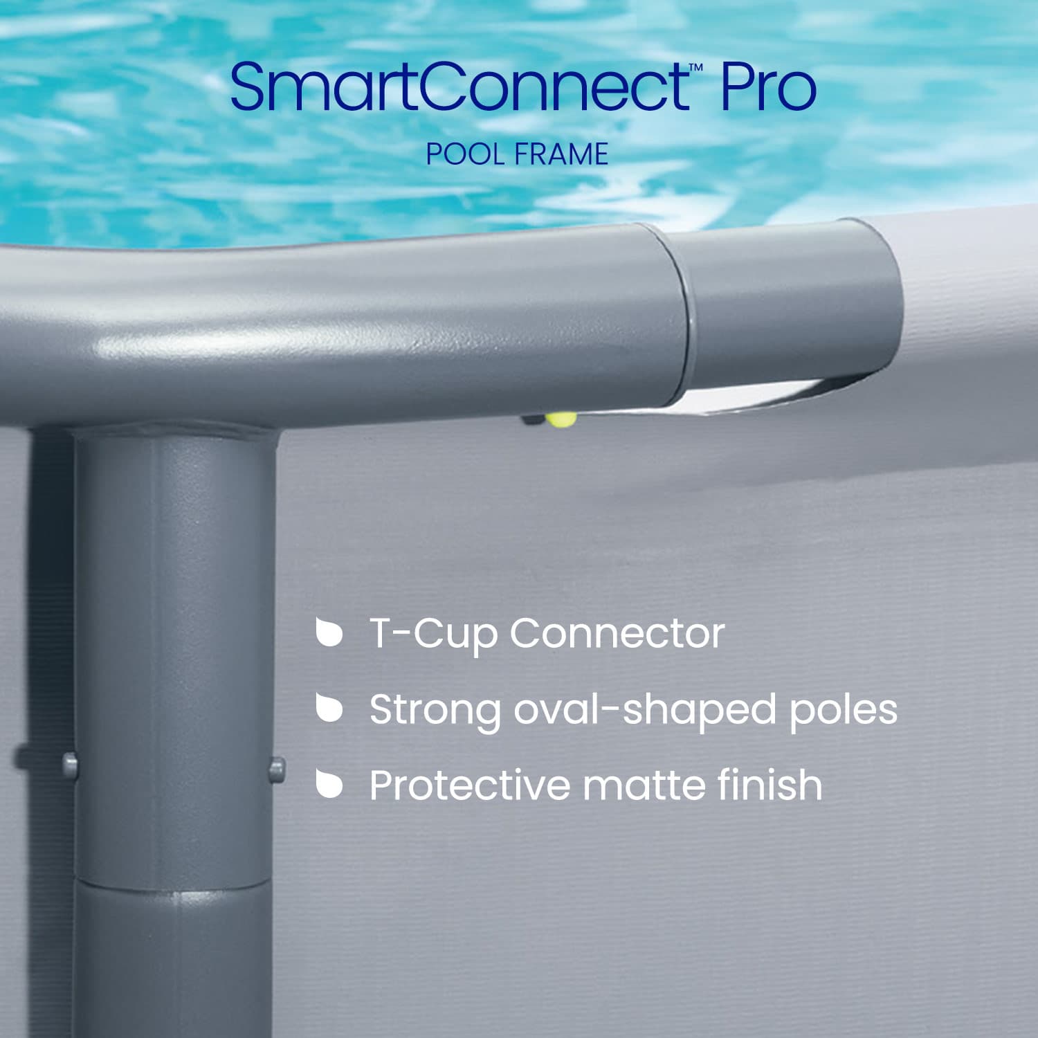SmartConnect Pro pool frame with T-Cup Connector, strong oval-shaped poles, and protective matte finish text overlay.