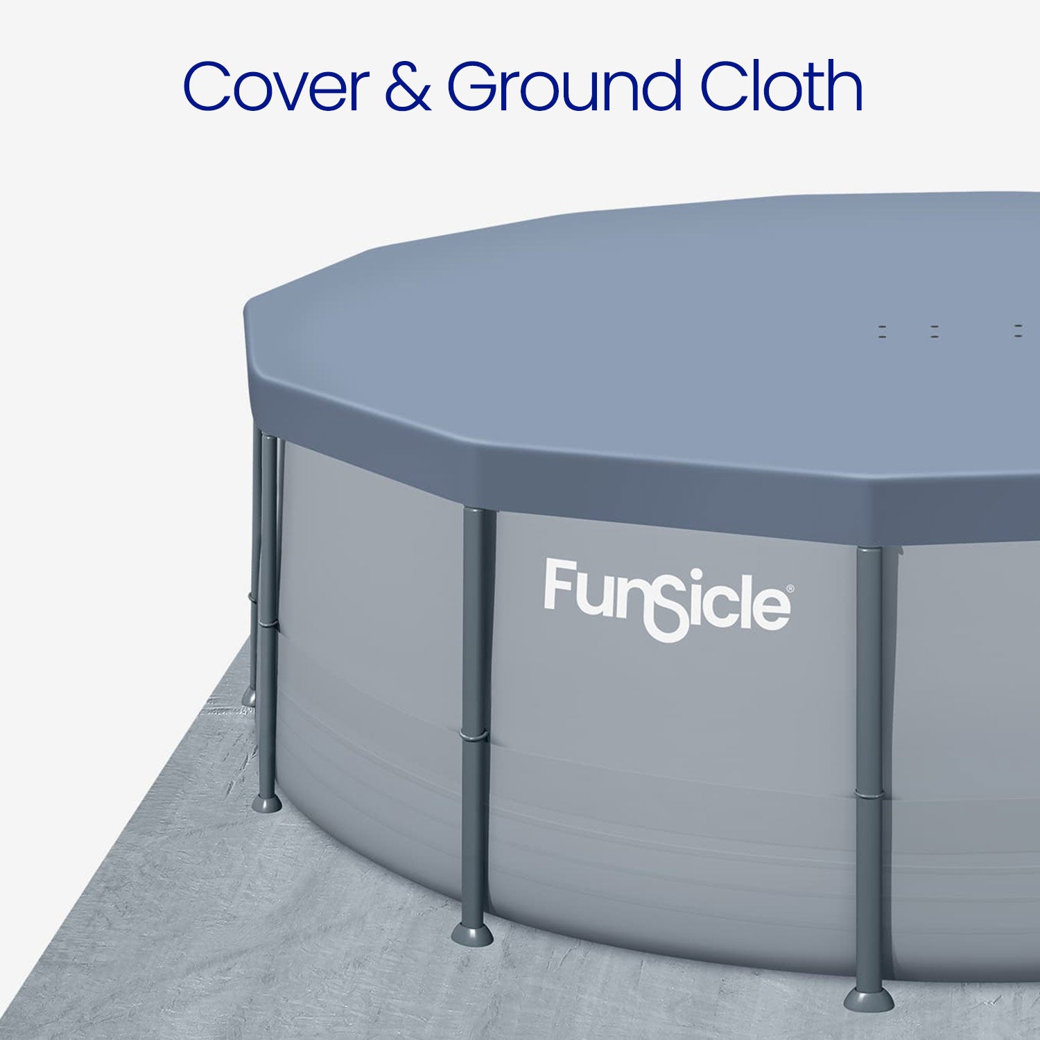 Round above-ground pool with cover and ground cloth, featuring the Funsicle brand.
