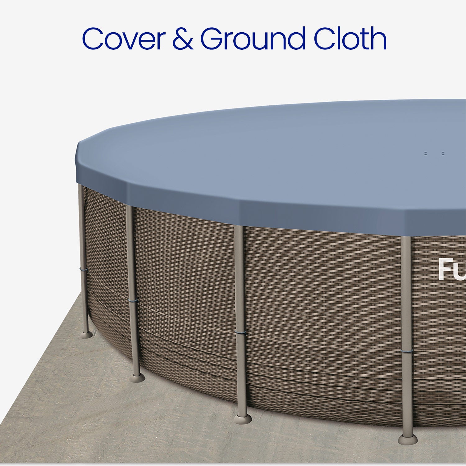 Round pool with blue cover and ground cloth on a white background