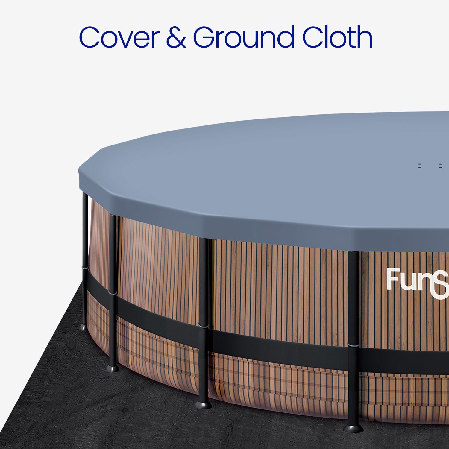Metal frame pool with a cover and ground cloth on a white background