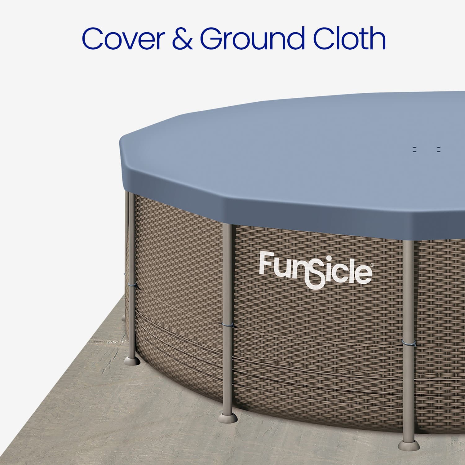 Funsicle pool with a gray cover and ground cloth on a white background