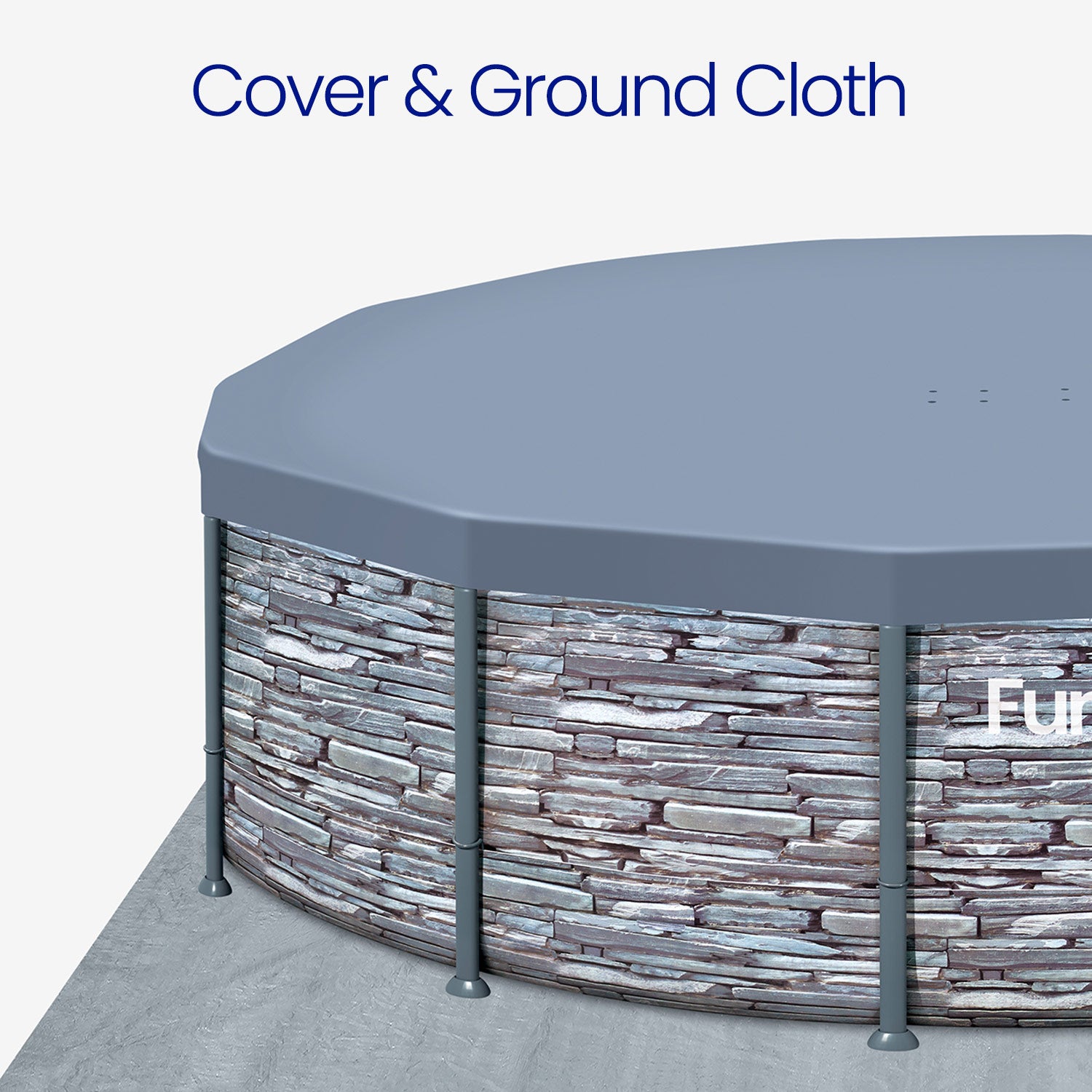 Round pool with stone design and cover on a white background