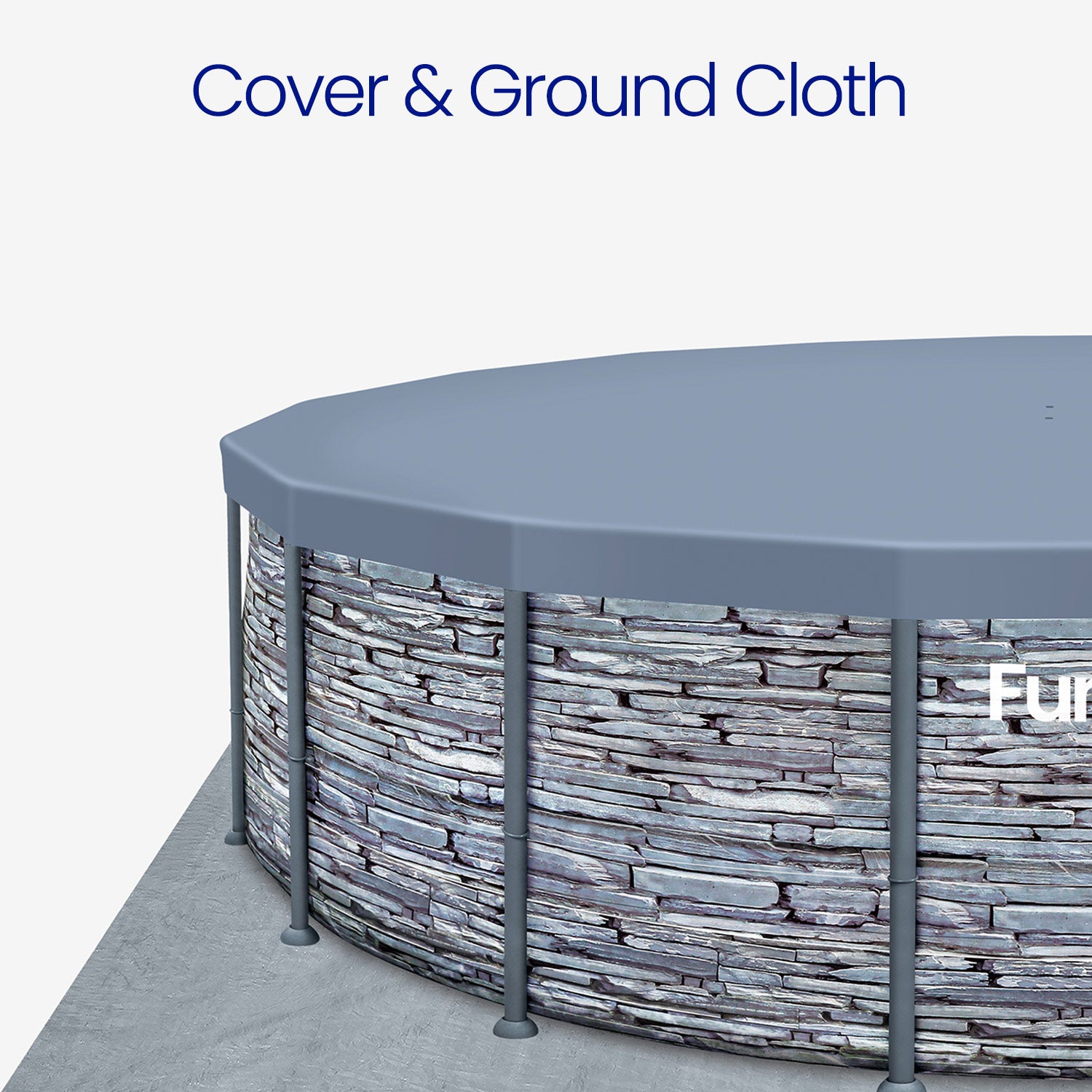 Round above-ground pool with stone-like liner and cover on a white background