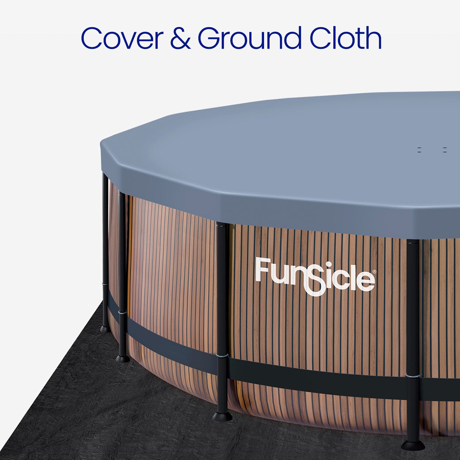 Funsicle pool with wooden design and gray cover, featuring the Funtastic brand.