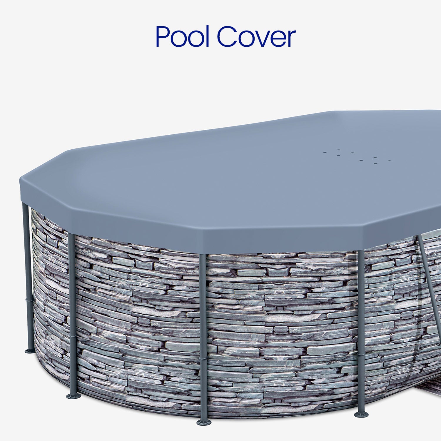 Pool cover over an above-ground pool with stone-like design on a white background