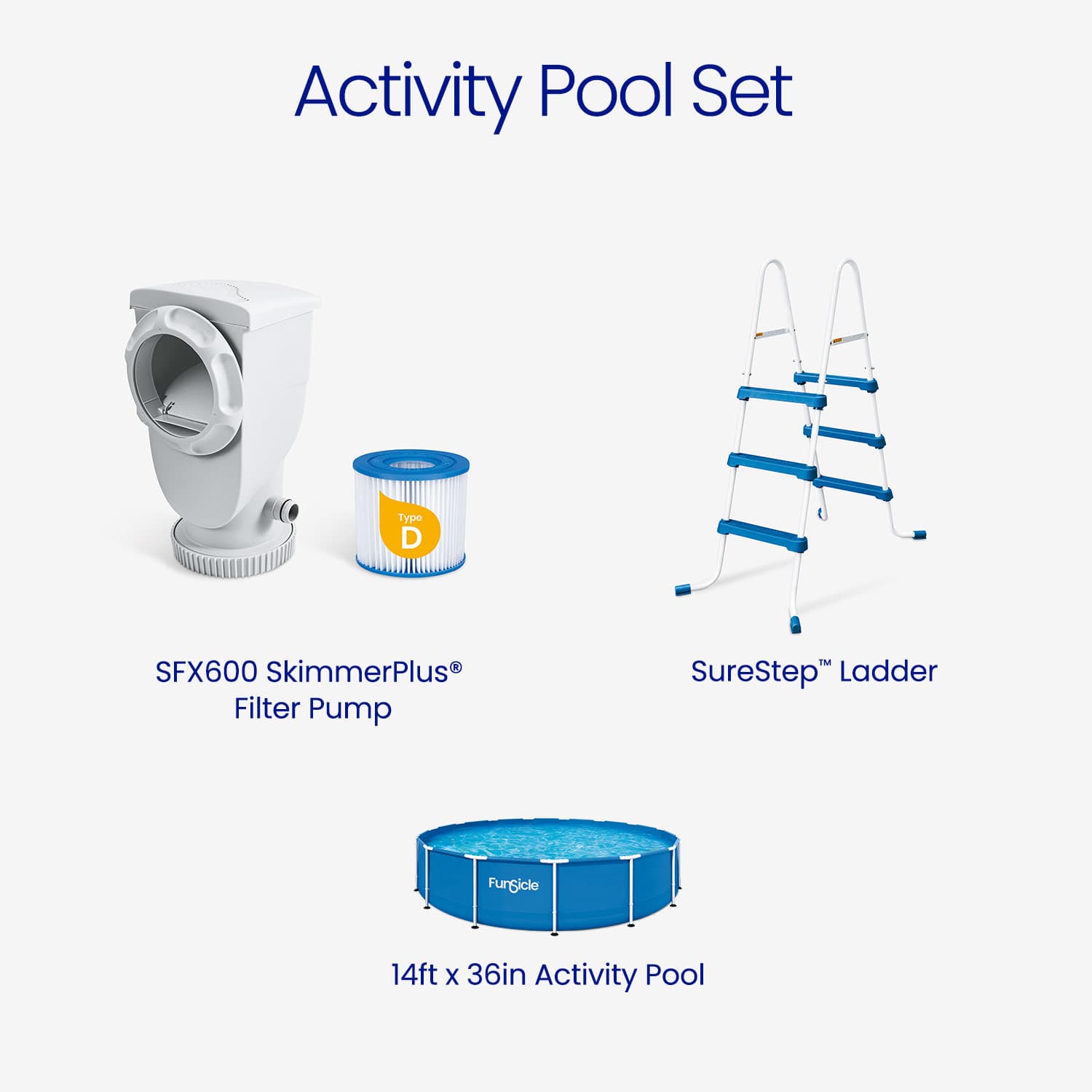 Activity pool set with SFX600 SkimmerPlus Filter Pump, SureStep ladder, and 14ft x 36in Activity Pool on a white background.