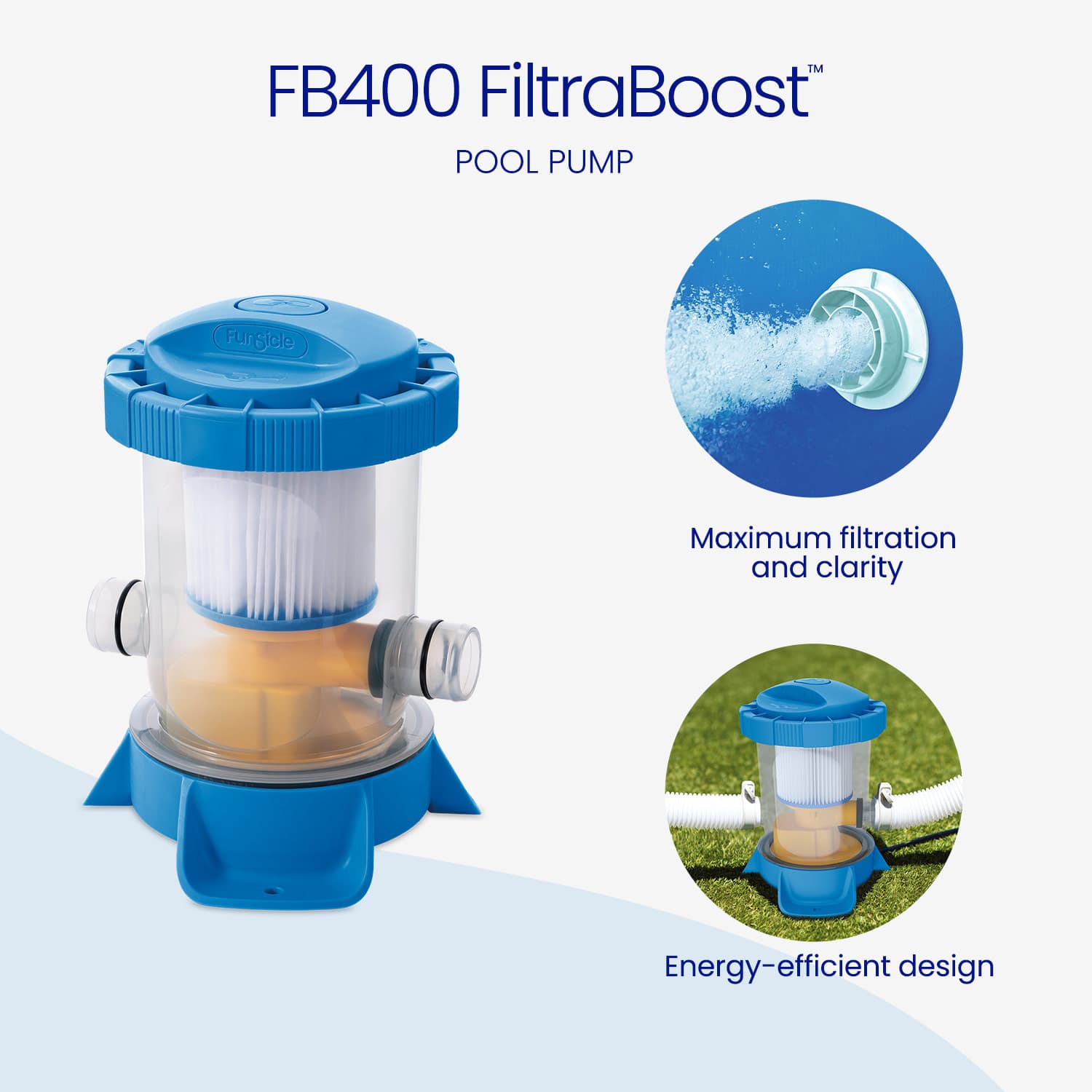 FB400 FiltraBoost pool pump with features highlighted on a white background