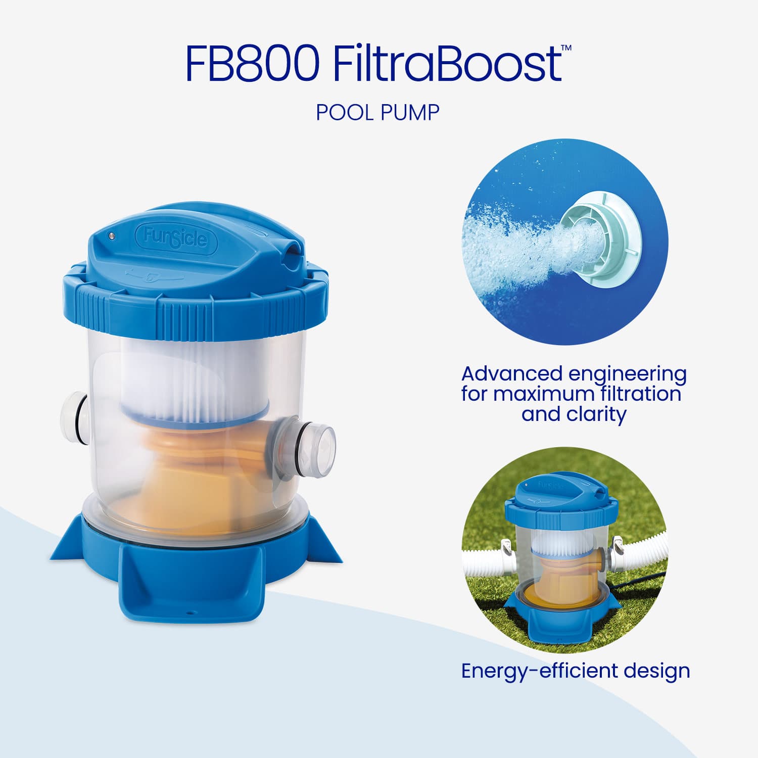 Pool pump with 'FB800 FiltraBoost' branding on a white background