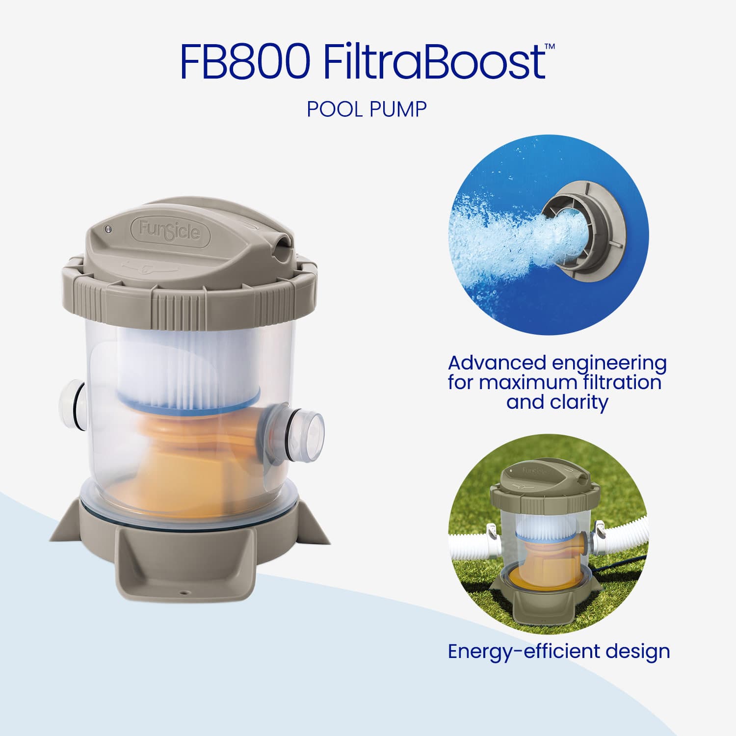 Pool pump with 'FB800 FiltraBoost' branding on a white background