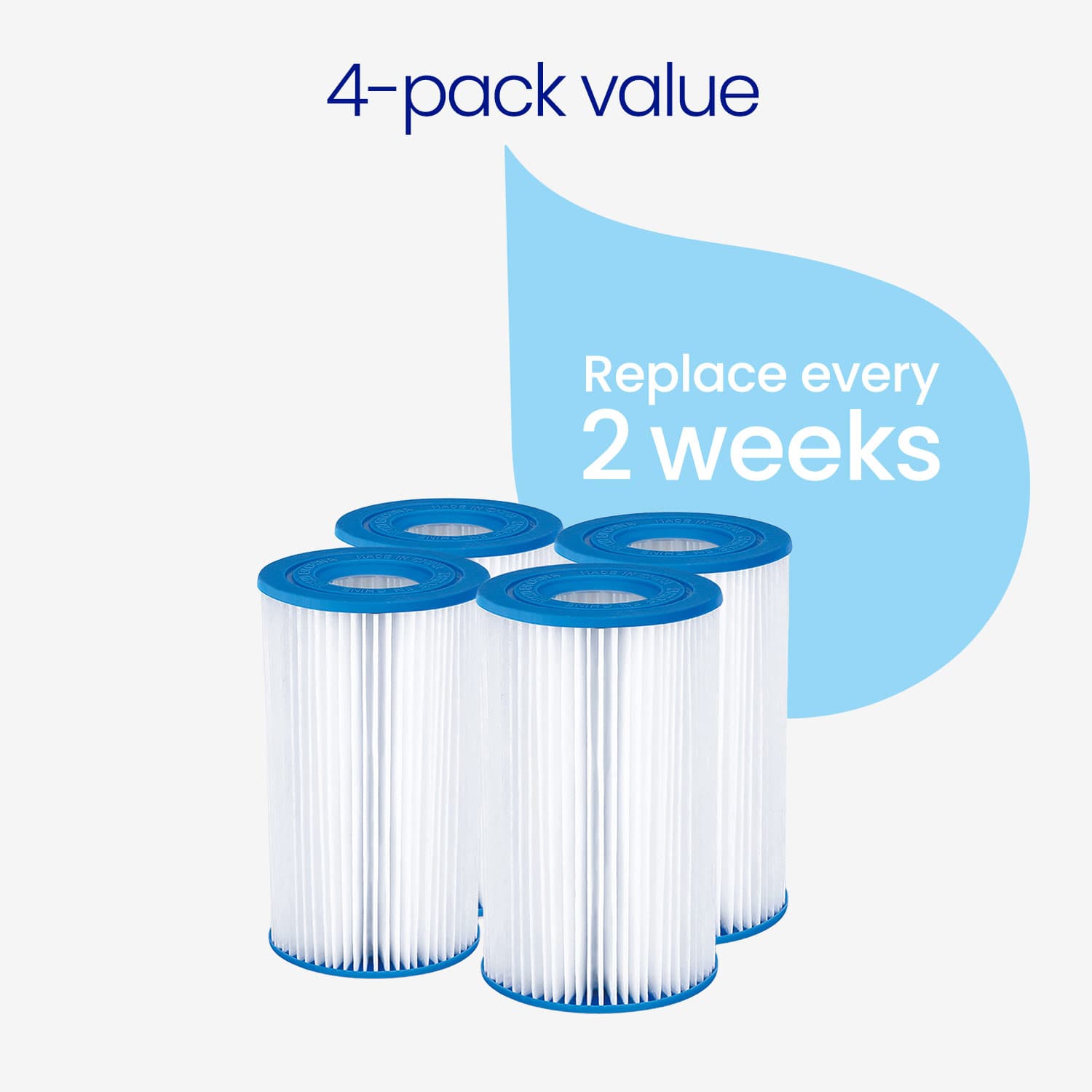 Four filter cartridges with blue tops on a white background, labeled as a 4-pack value with replacement frequency text.