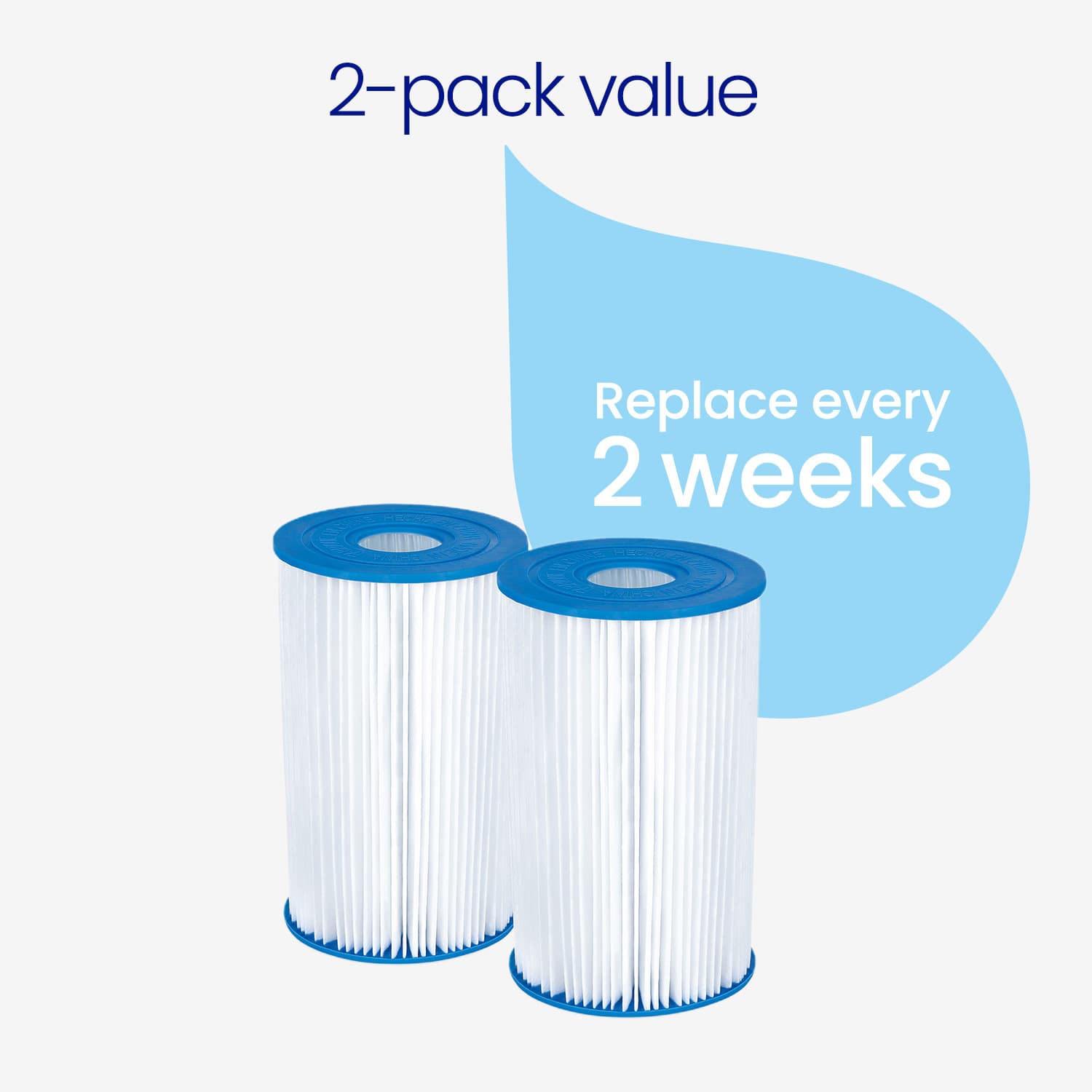 Two pool filters with a blue cap on a white background, labeled as a 2-pack value with replacement frequency.